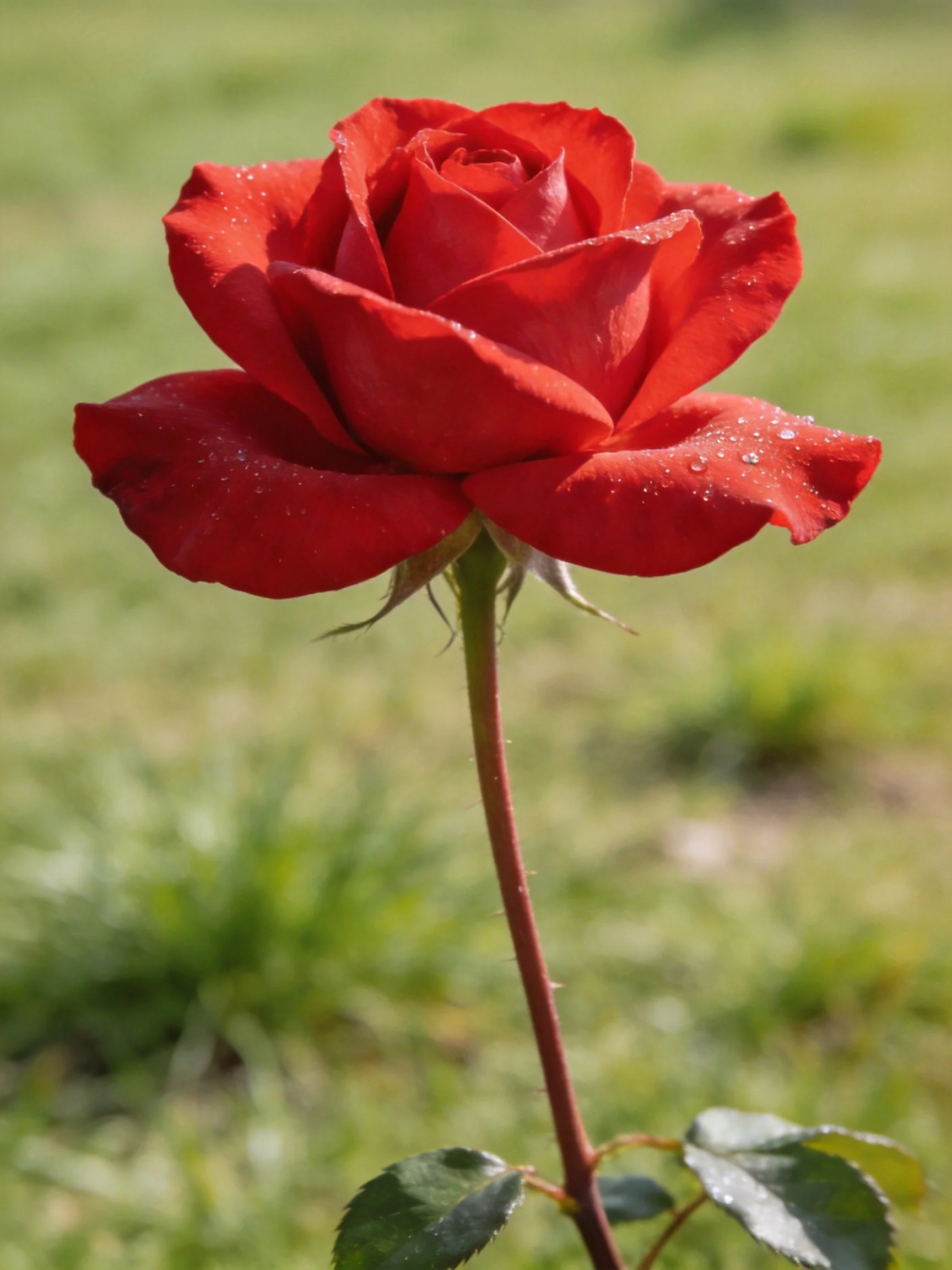A vibrant red rose with dew drops against a blurred green field