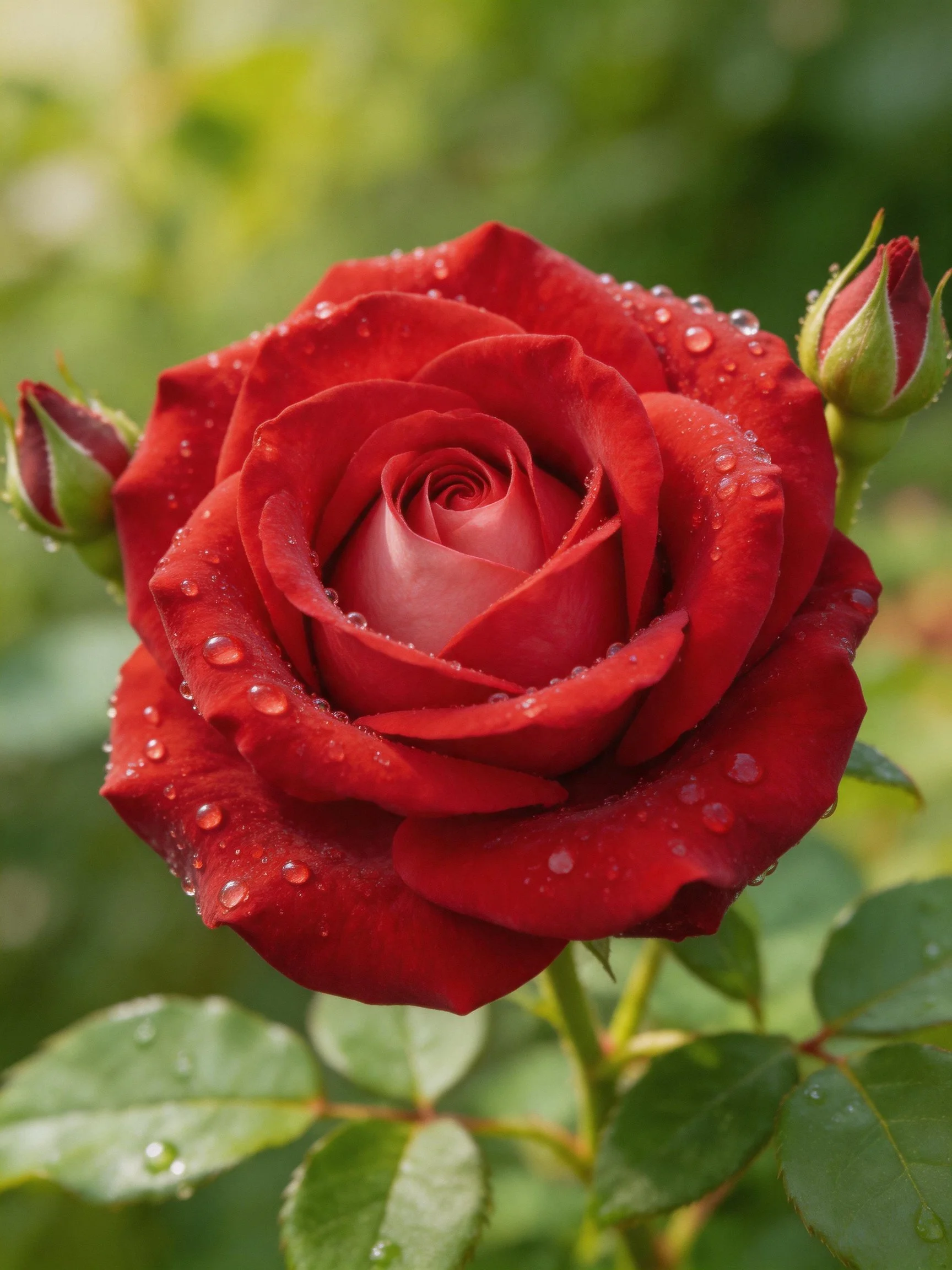 A vibrant red rose with dew drops and budding flowers