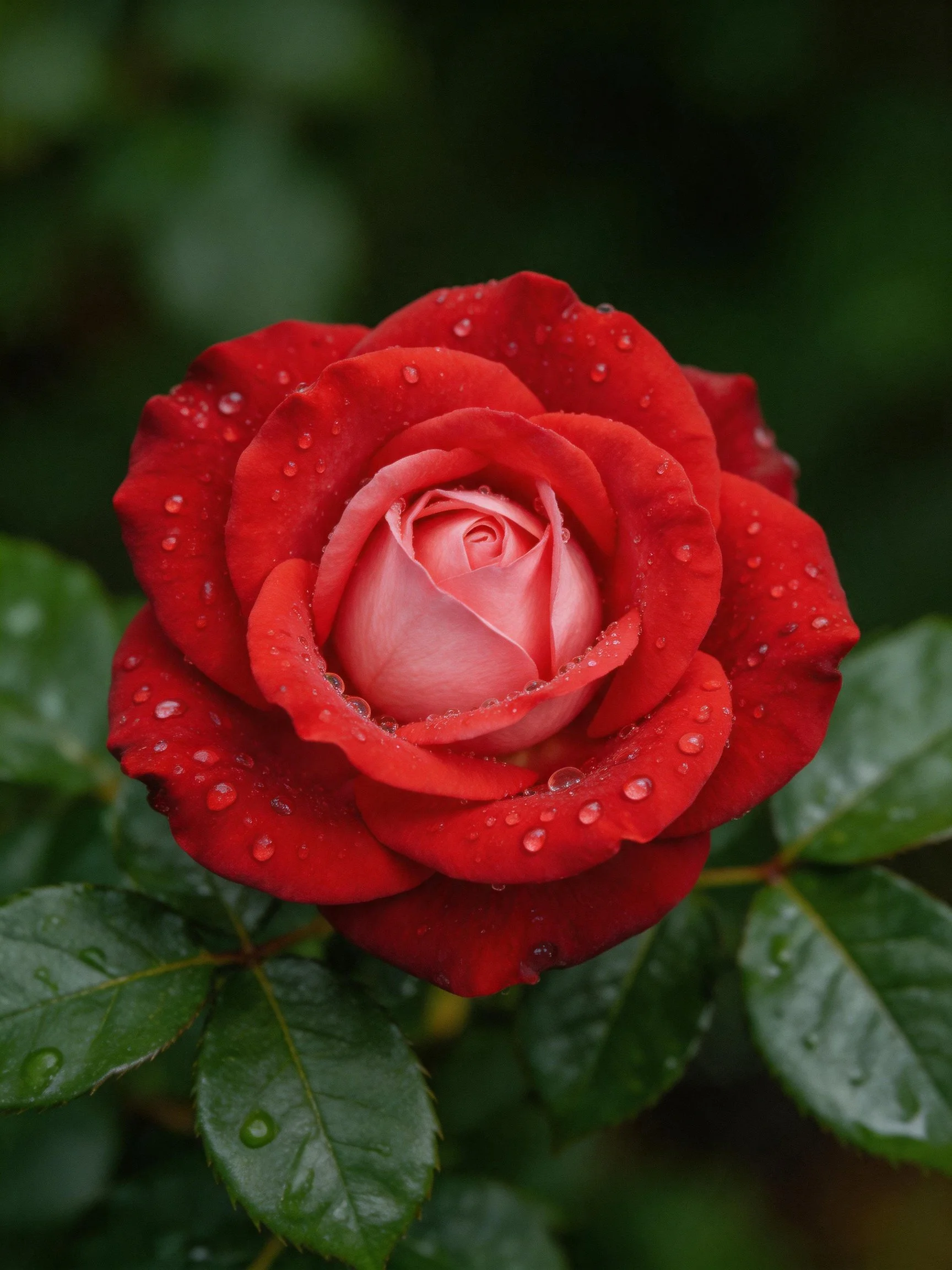 A vibrant red rose with dew drops and lush green leaves