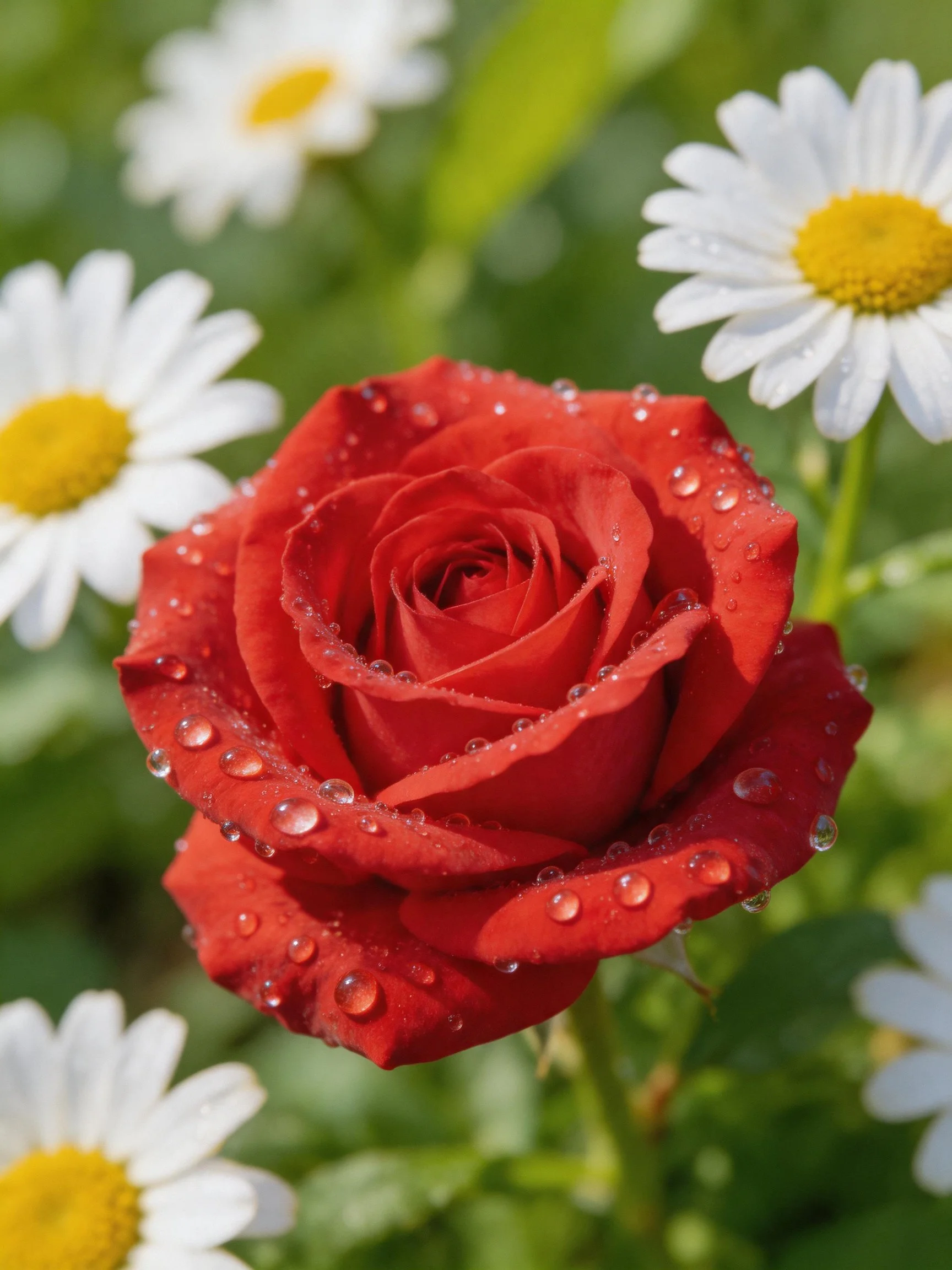 A vibrant red rose with dewdrops among white daisies