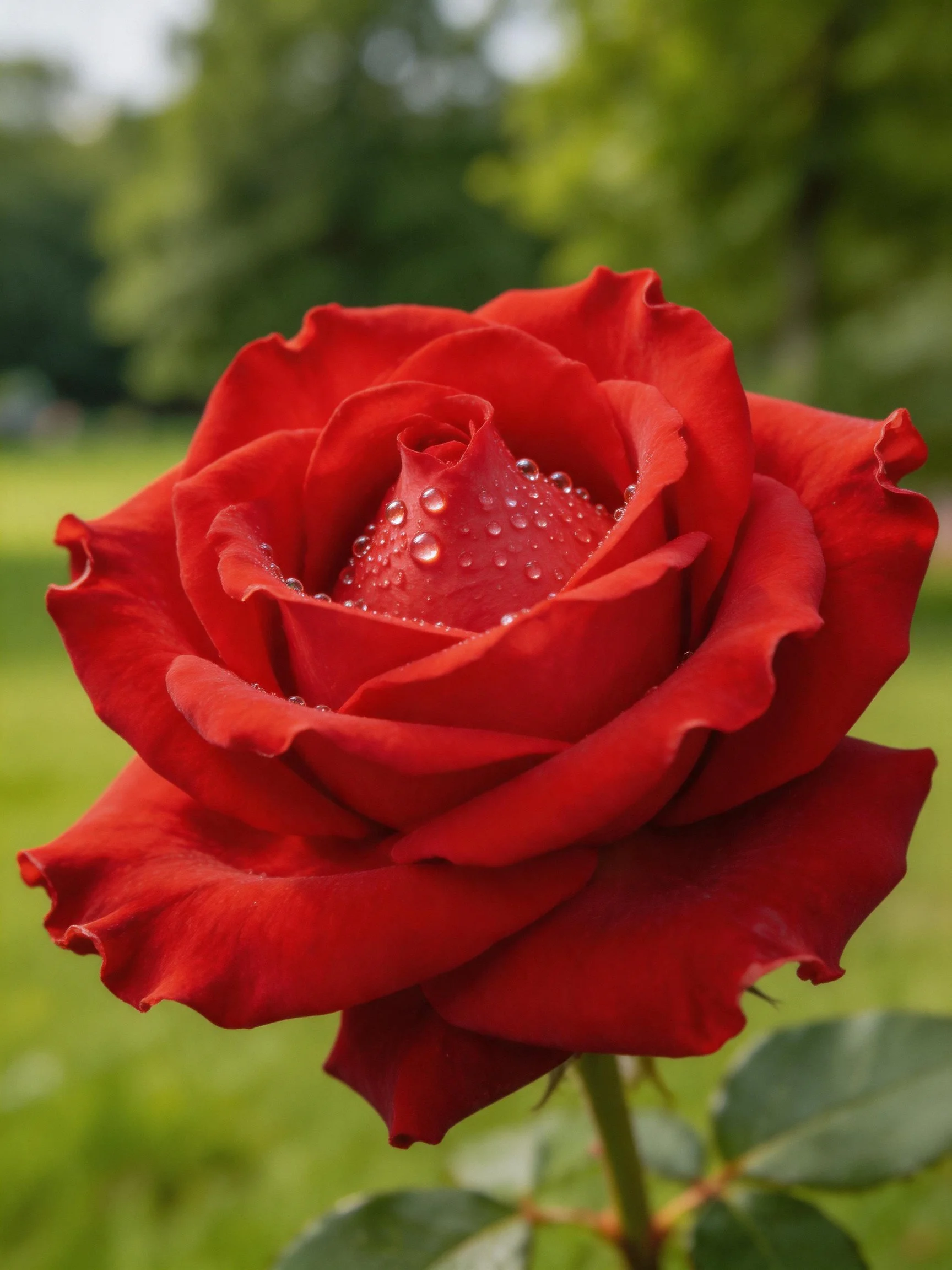 A vibrant red rose with dewdrops in a green outdoor setting