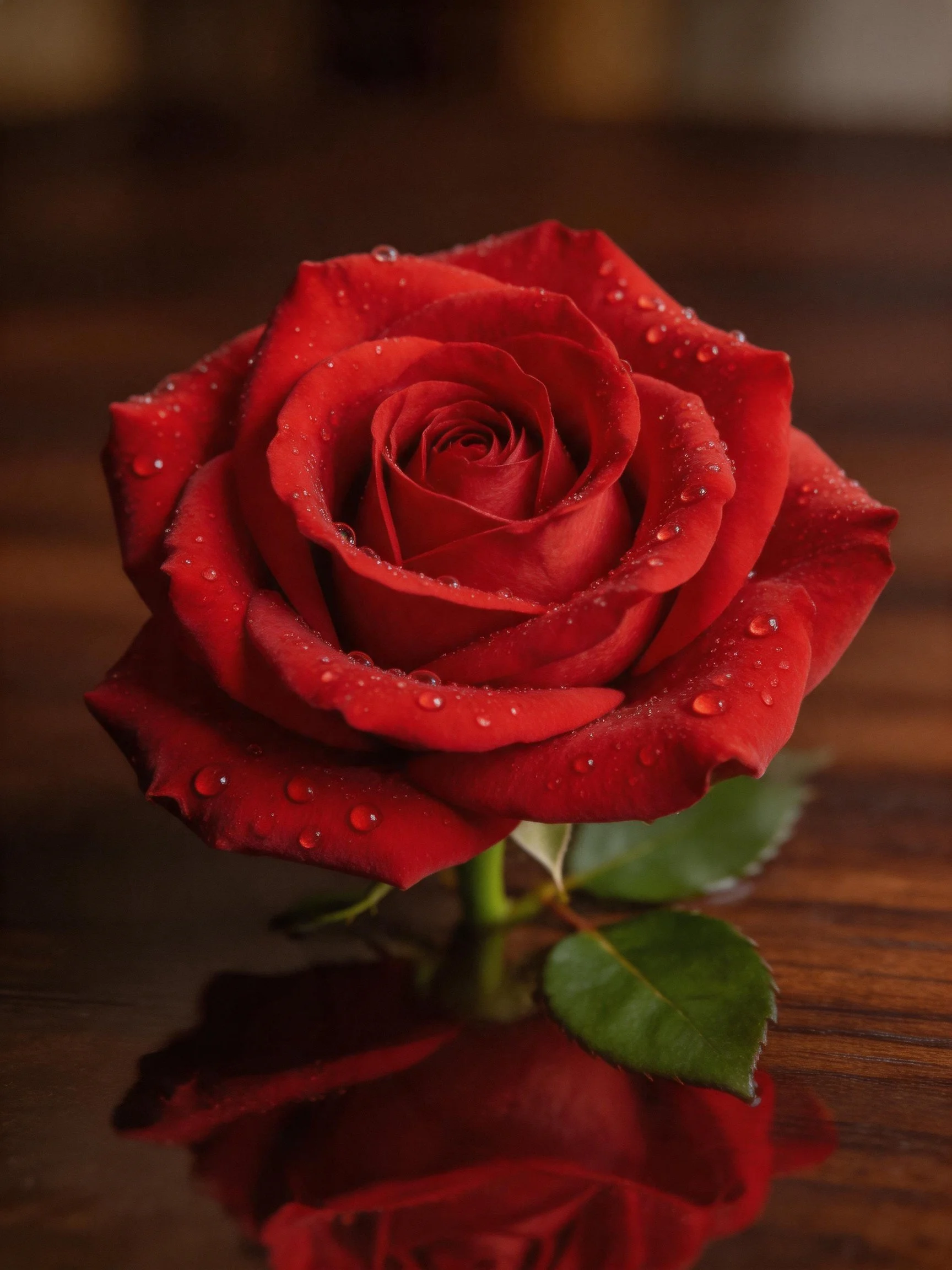A vibrant red rose with dewdrops on a polished wooden surface
