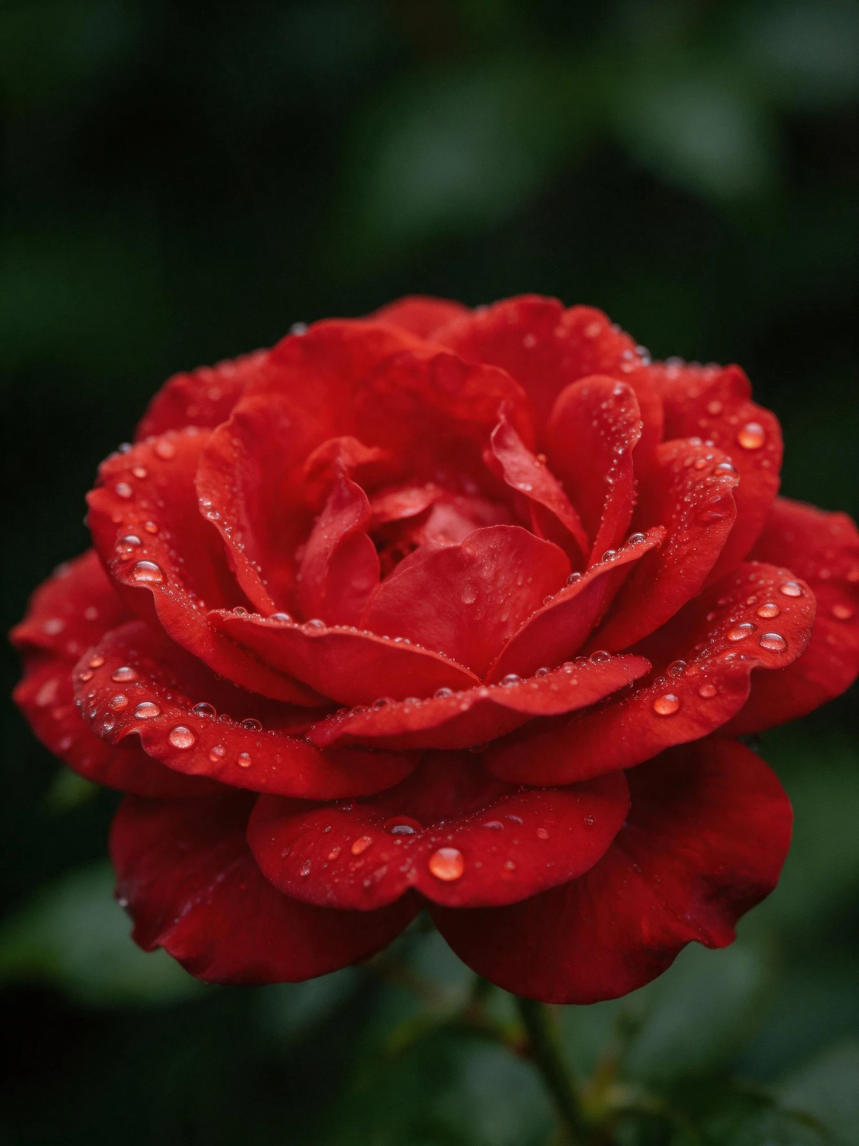 A vibrant red rose with dewdrops on petals