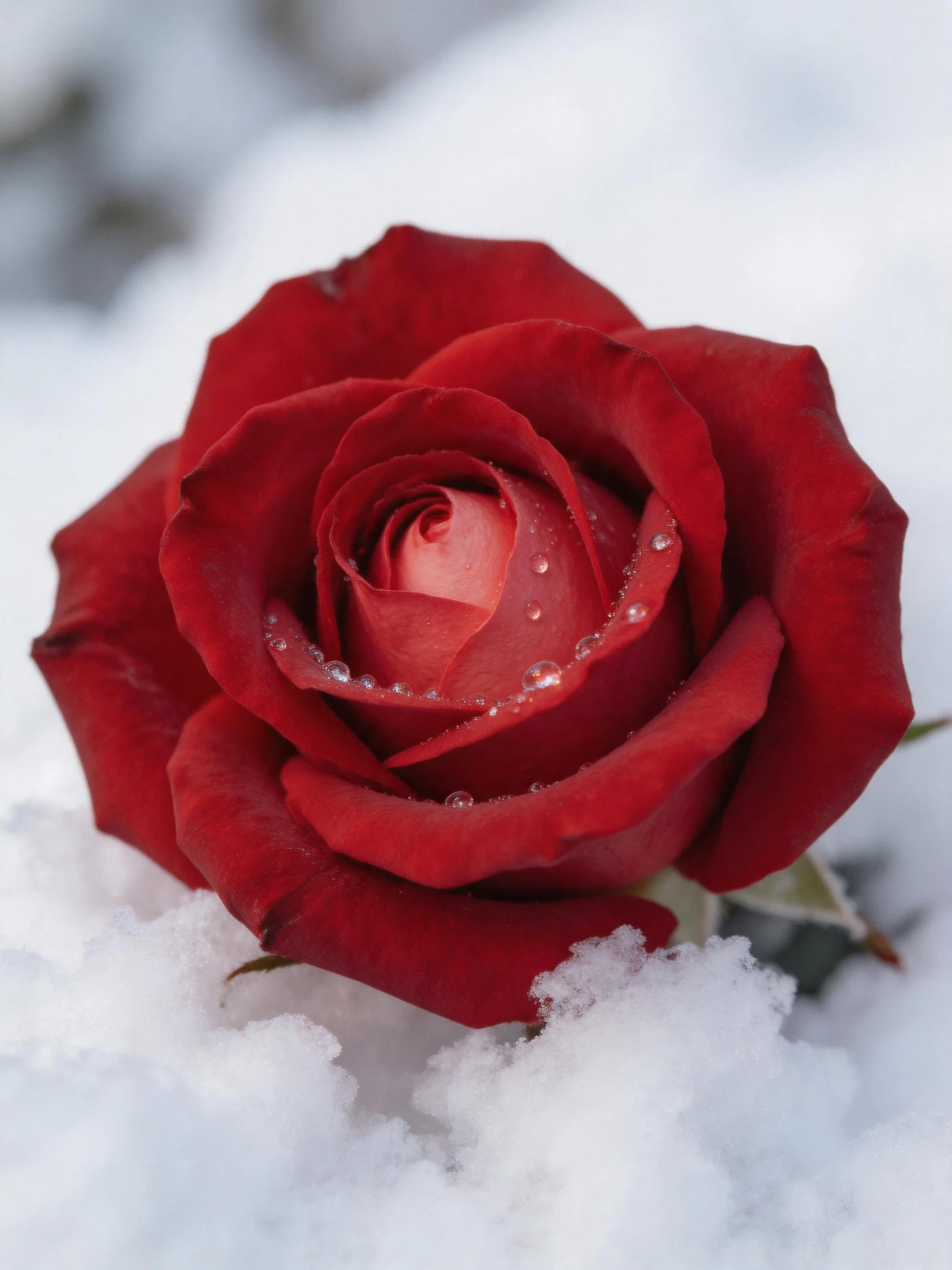 A vibrant red rose with dewdrops resting on snow