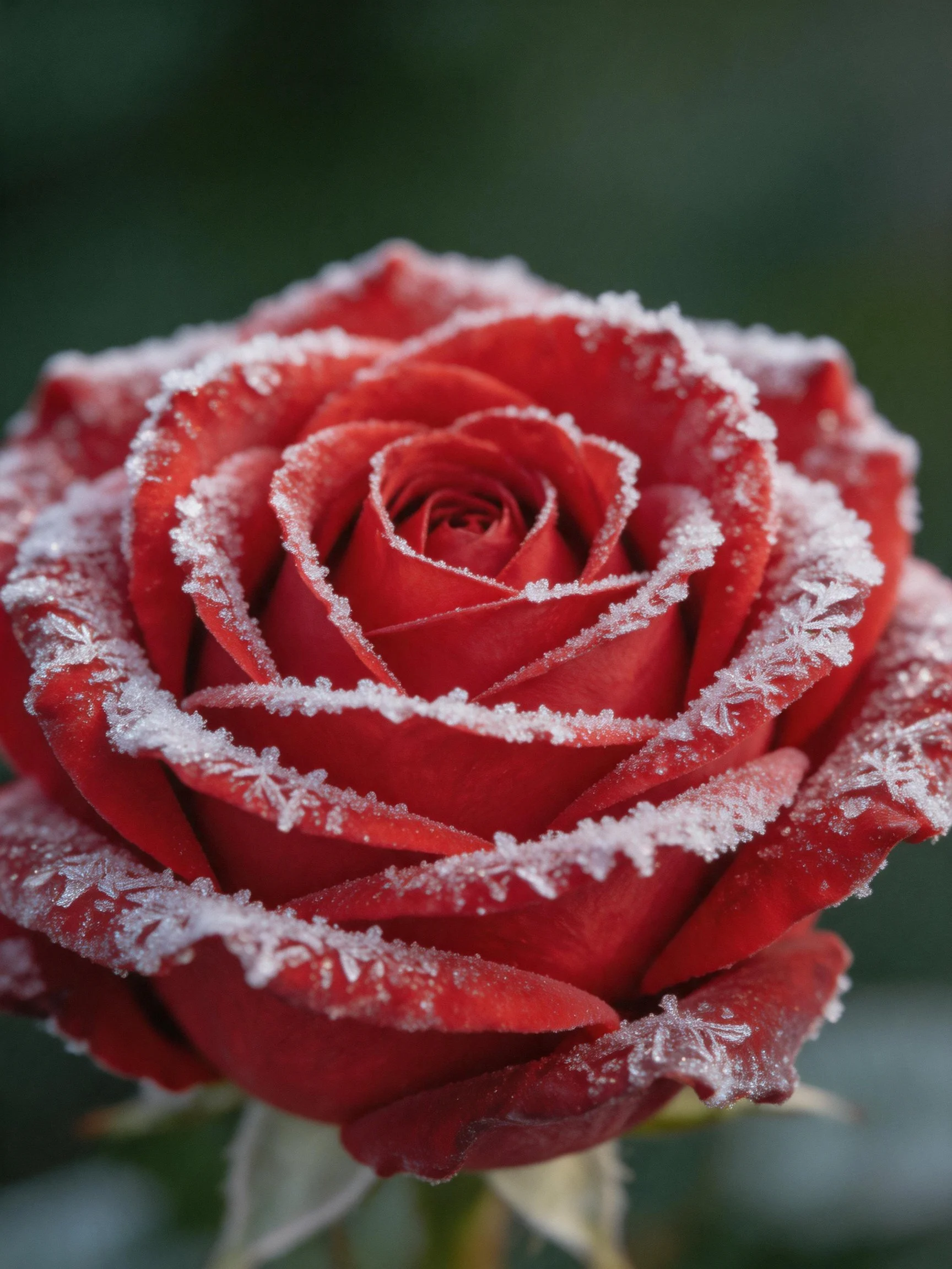 A vibrant red rose with frost crystals adorning its petals