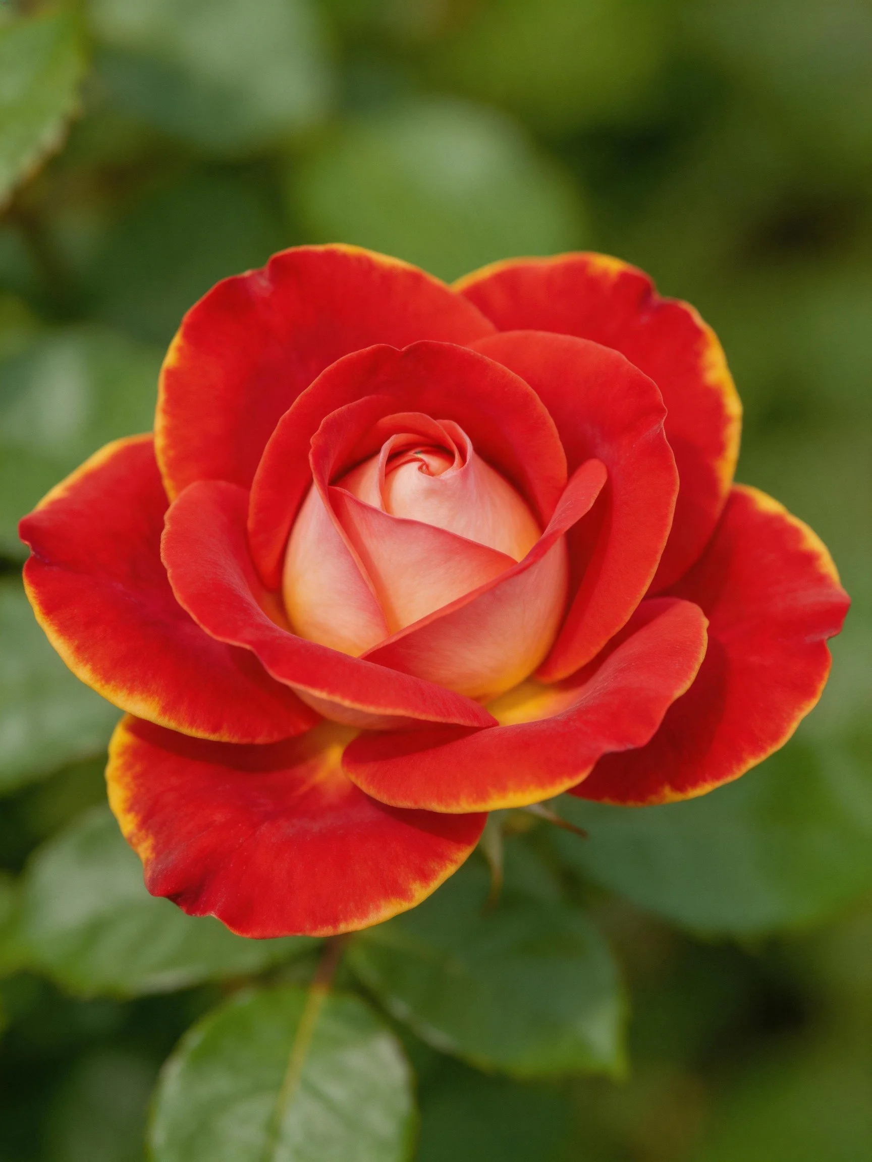 A vibrant red rose with golden edges blooms against a backdrop of green leaves.