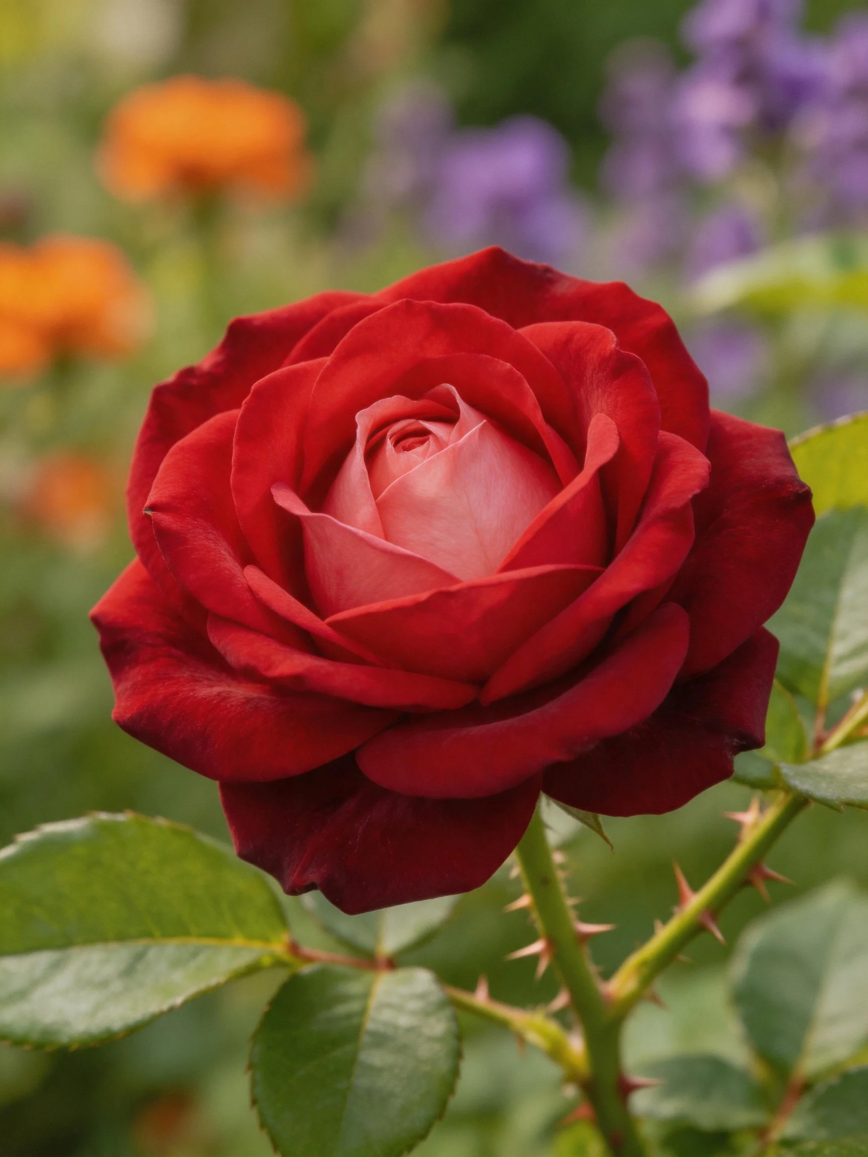 A close - up of a vibrant red rose with green leaves, set against a blurred backdrop of colorful flowers.