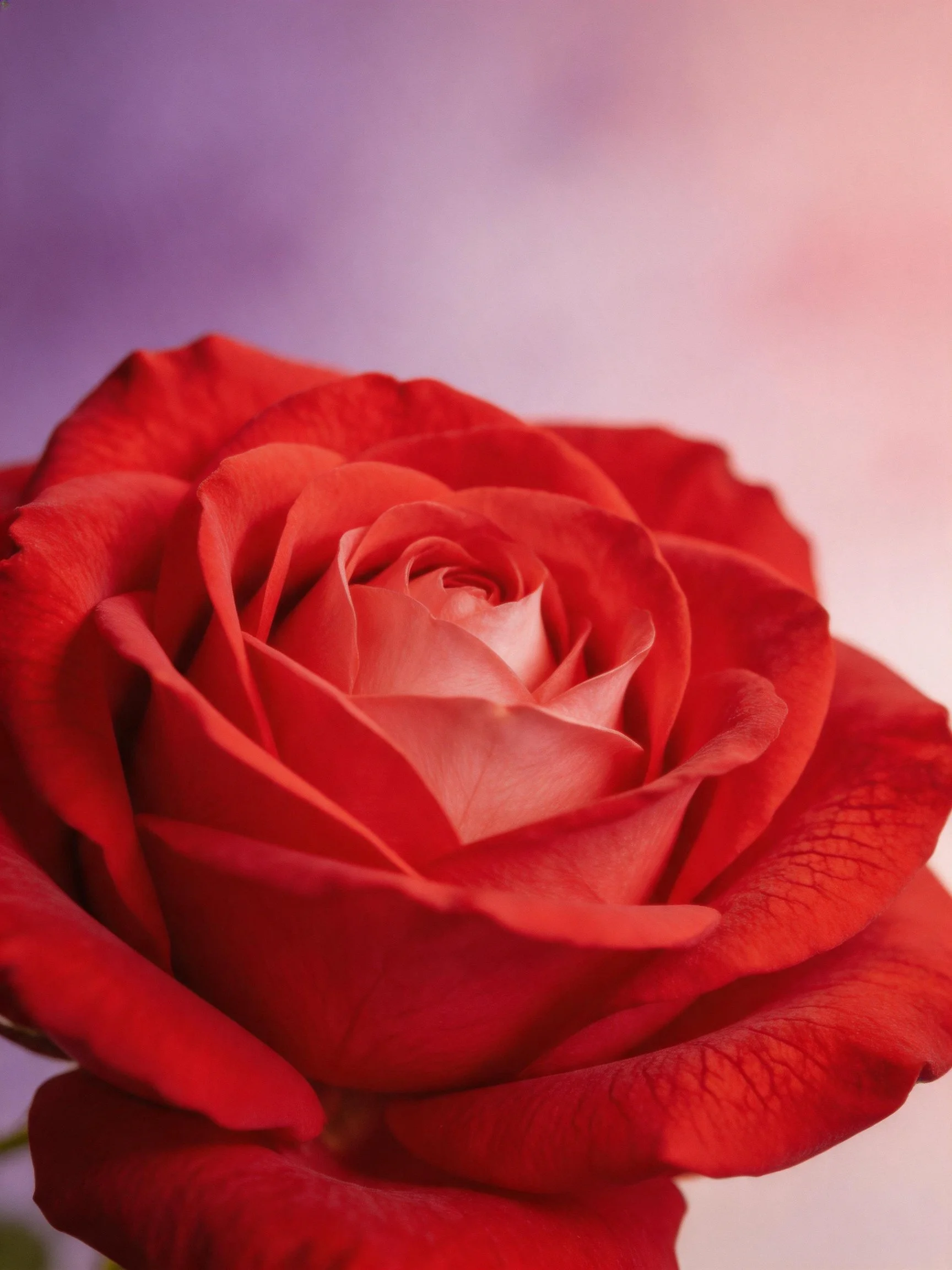 A vibrant red rose with layered petals against a soft purple-pink backdrop
