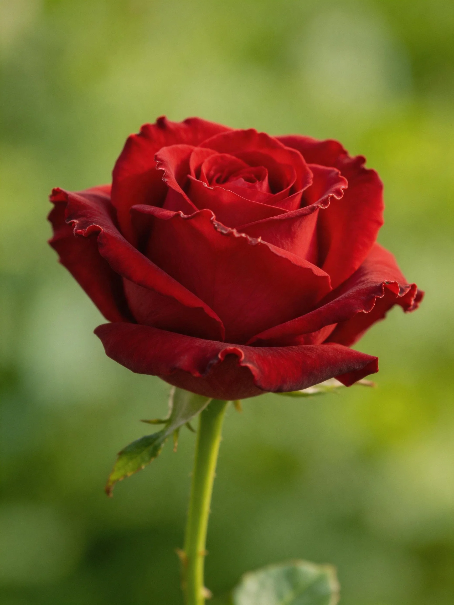 A vibrant red rose with layered petals and a green backdrop