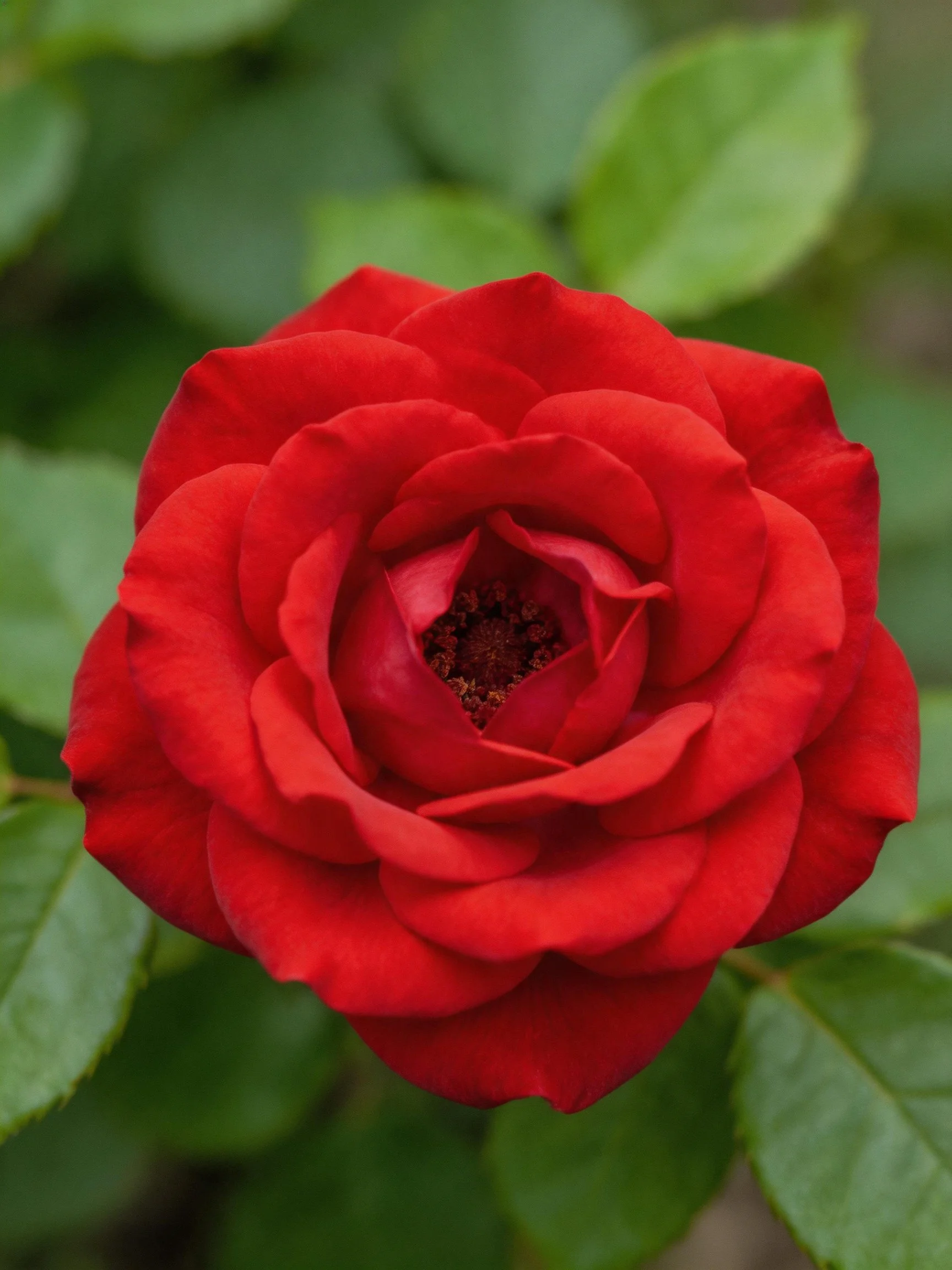 A vibrant red rose with layered petals and green foliage