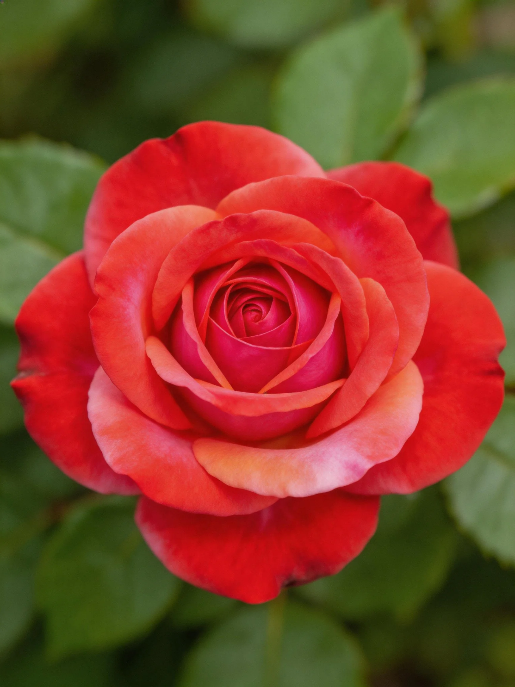 A vibrant red rose with layered petals and green foliage