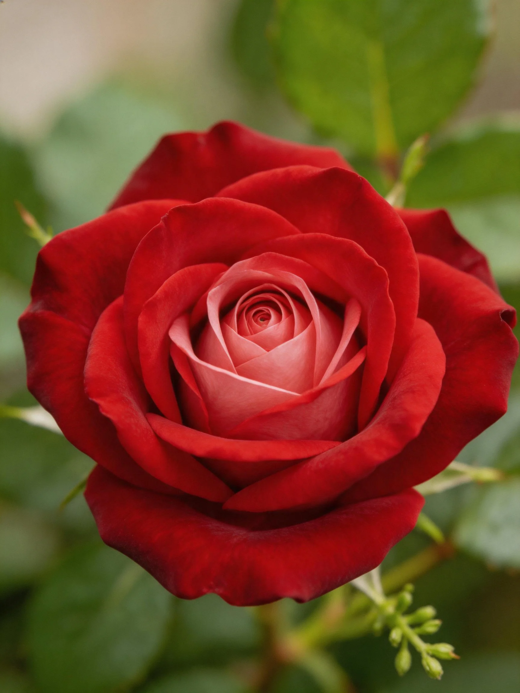 A vibrant red rose with layered petals and green foliage