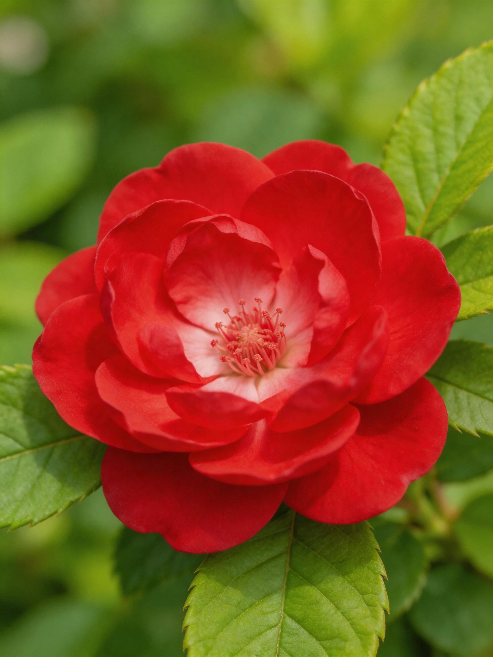 A vibrant red rose with layered petals and green foliage