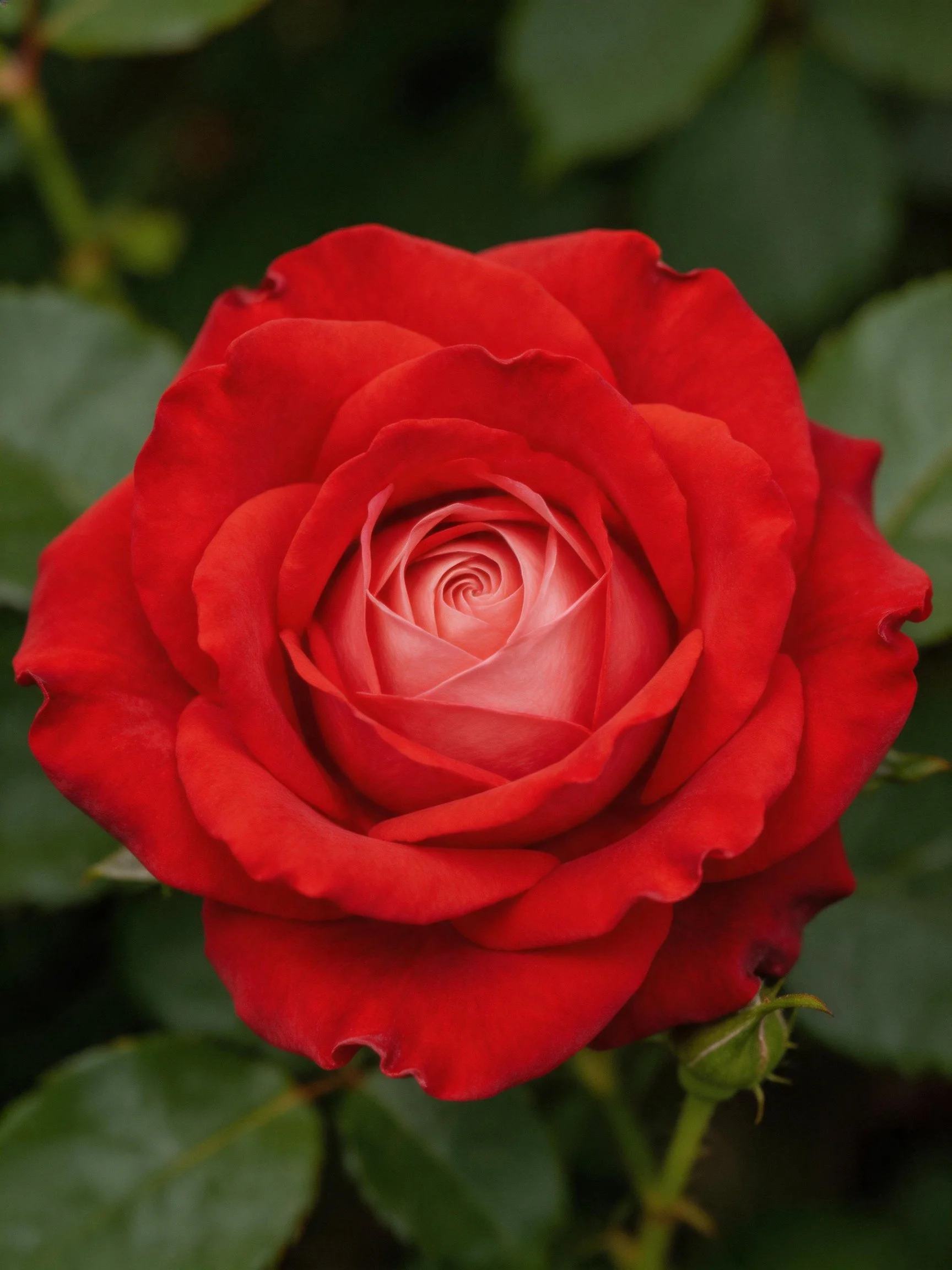 A vibrant red rose with layered petals and green foliage