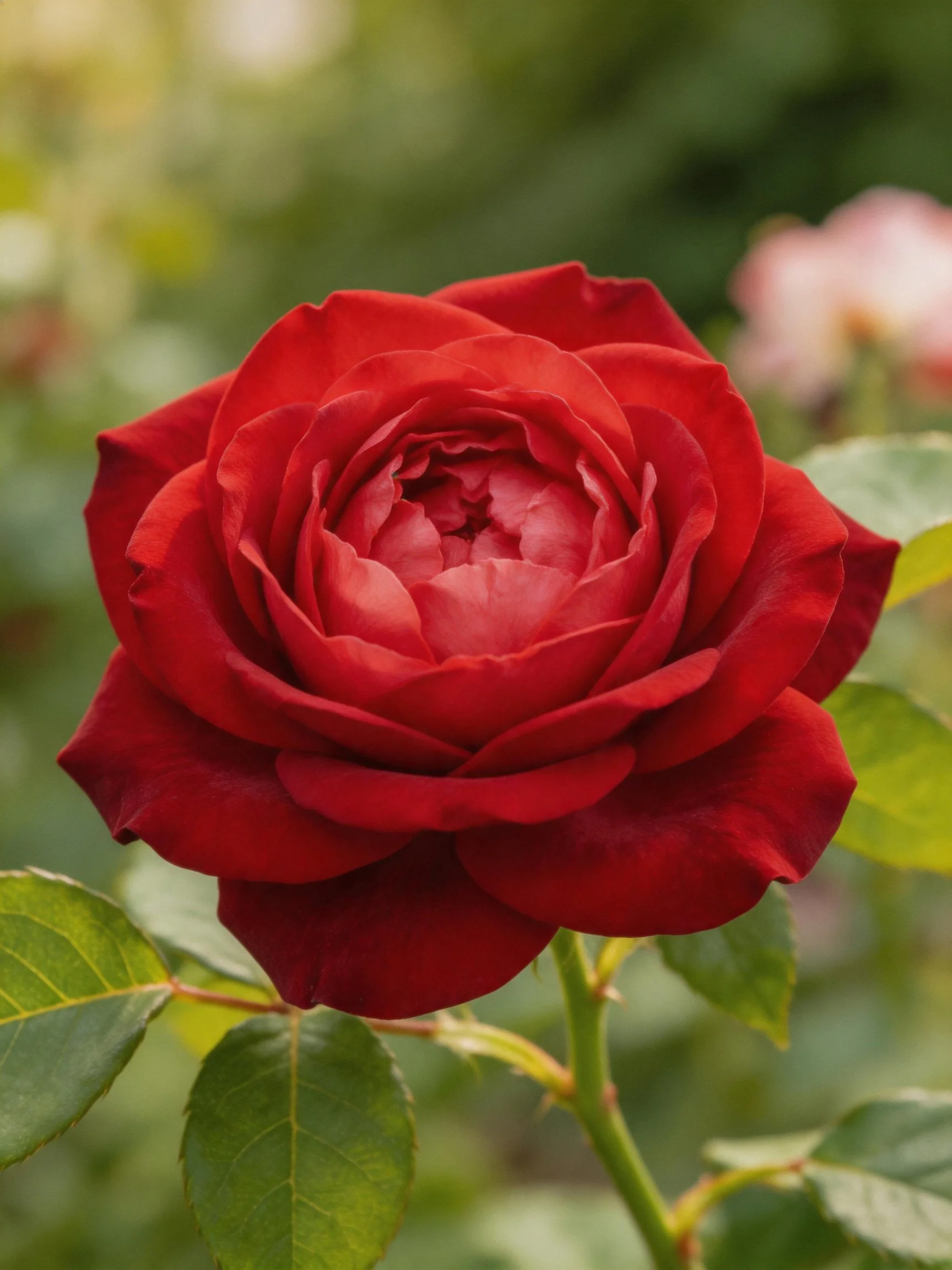A vibrant red rose with layered petals and green foliage