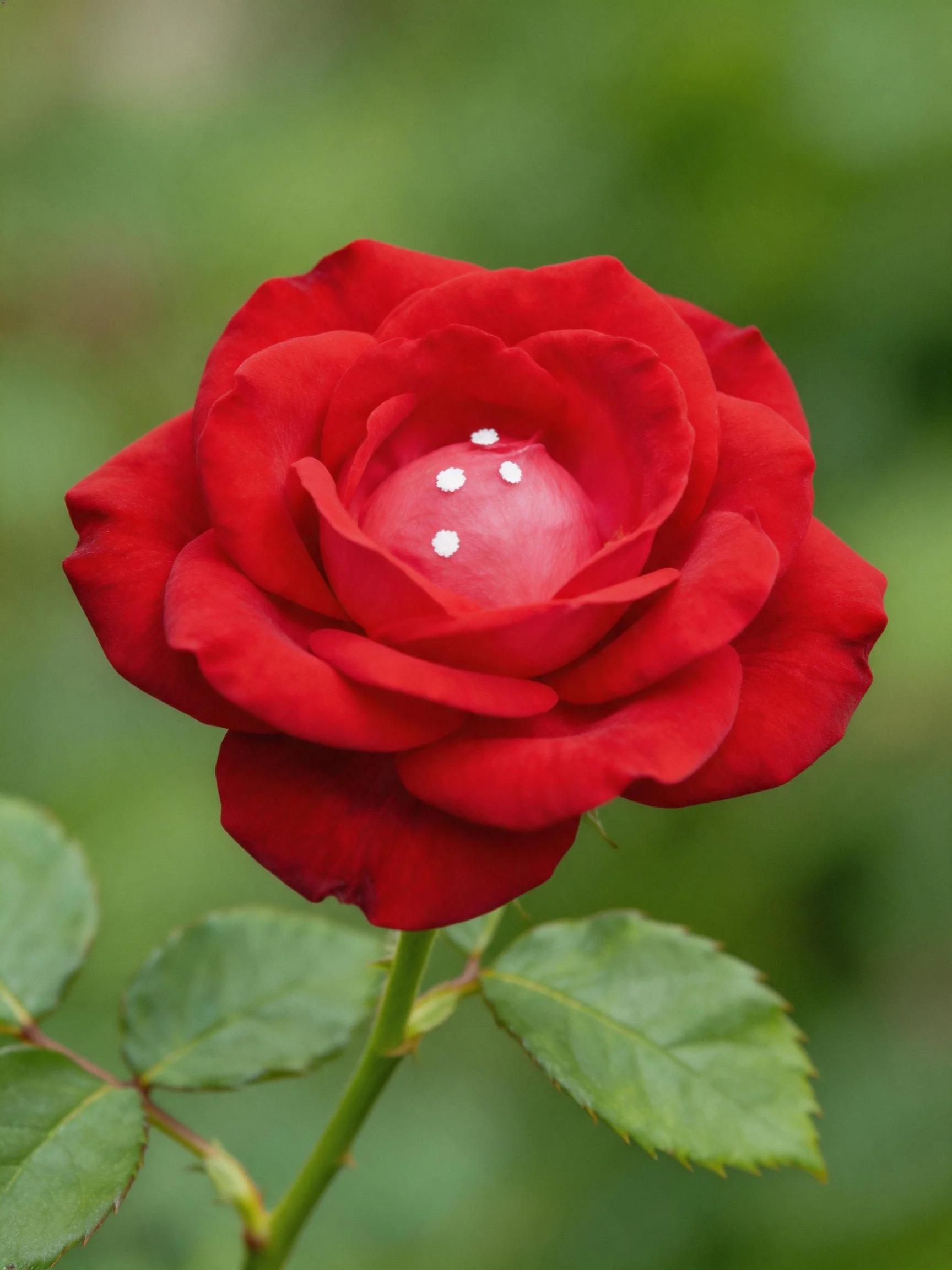 A vibrant red rose with layered petals and green foliage