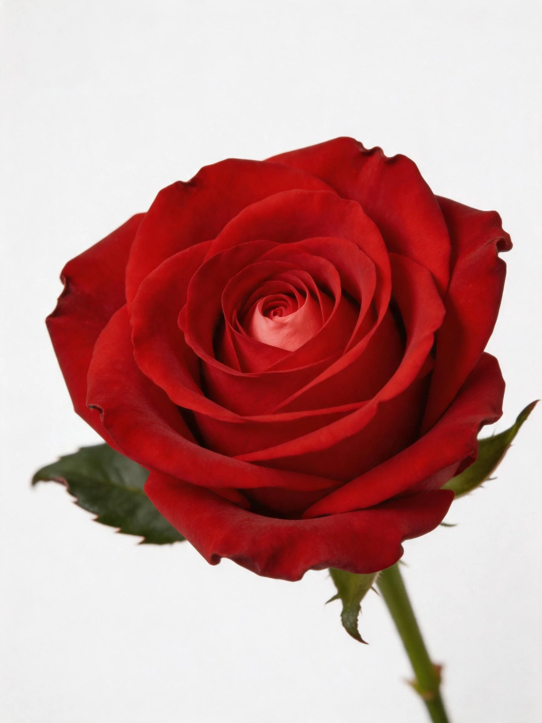 A vibrant red rose with layered petals and green leaves
