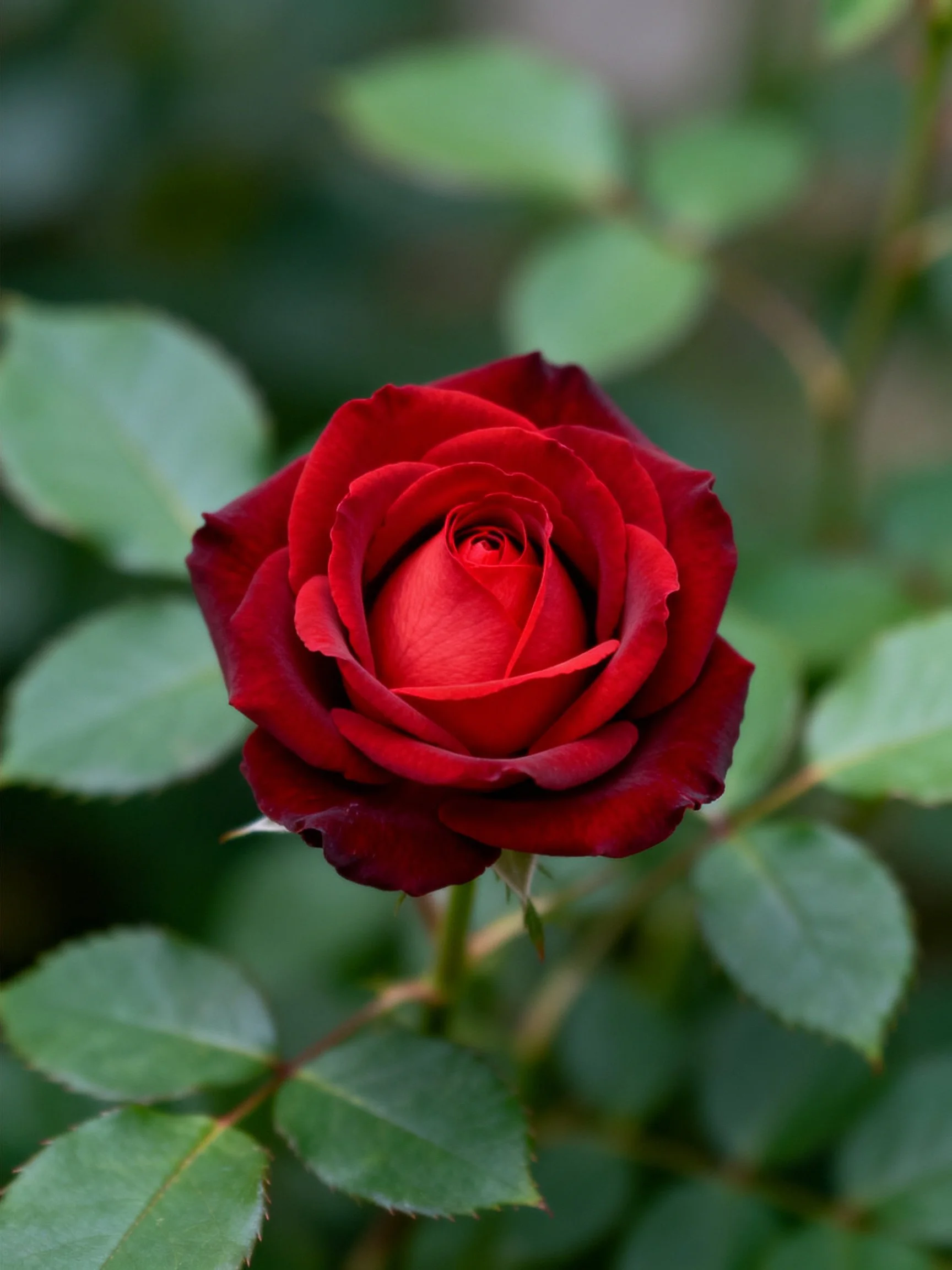 A vibrant red rose with layered petals and green leaves