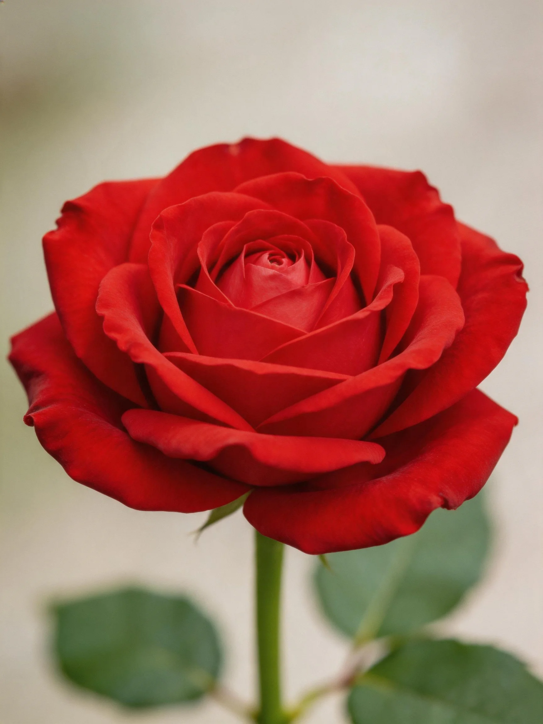 A vibrant red rose with layered petals and green leaves