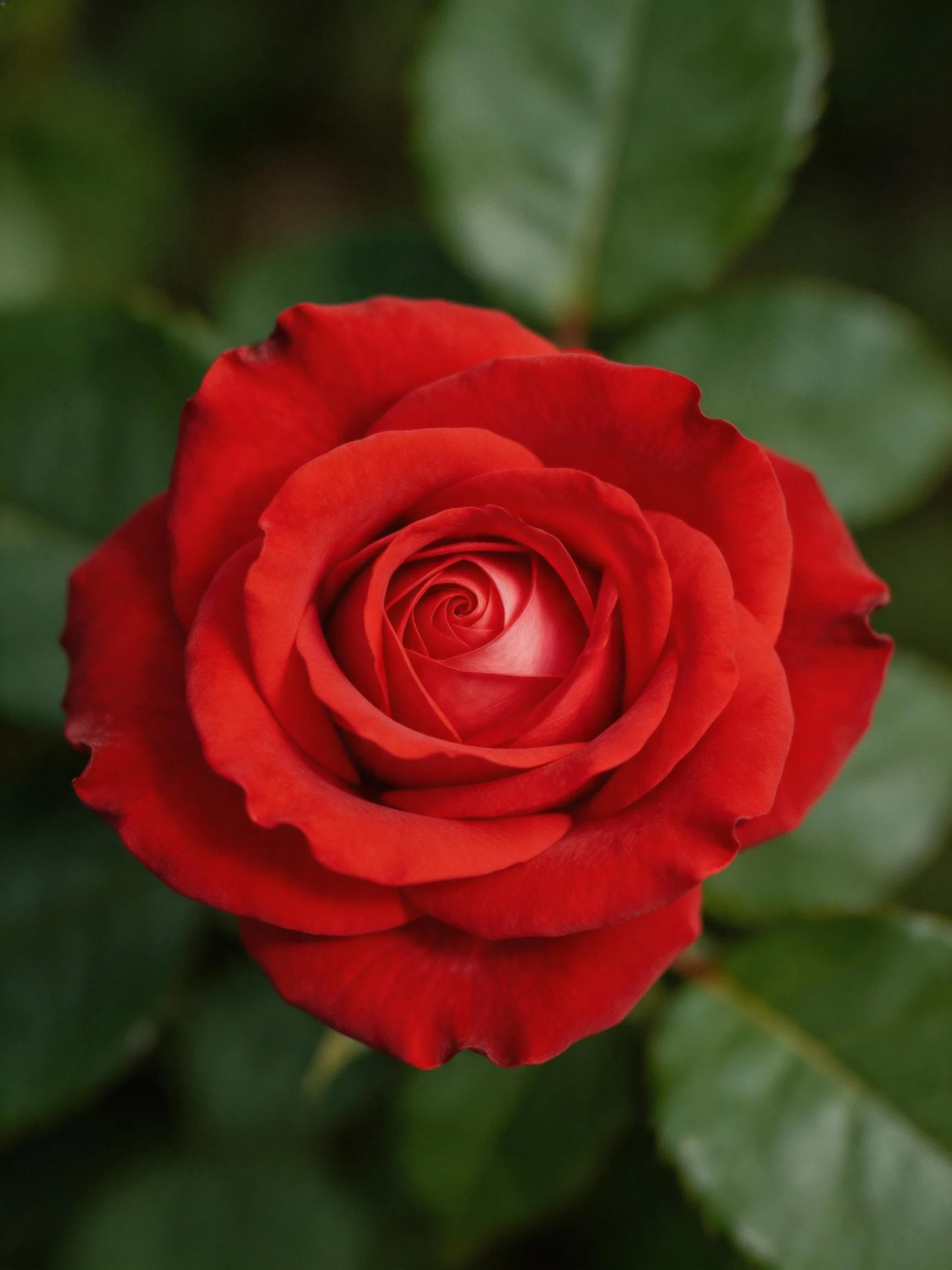 A vibrant red rose with layered petals and green leaves