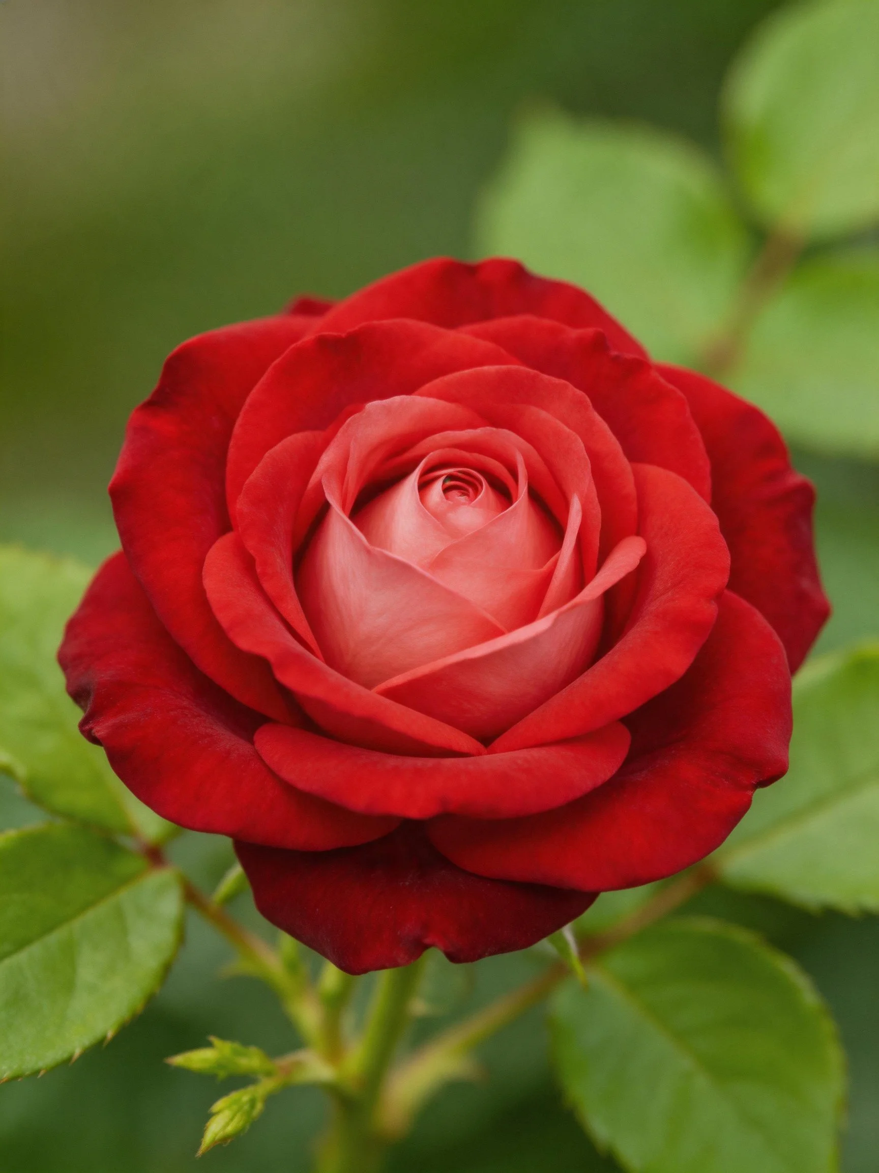 A vibrant red rose with layered petals and lush green foliage