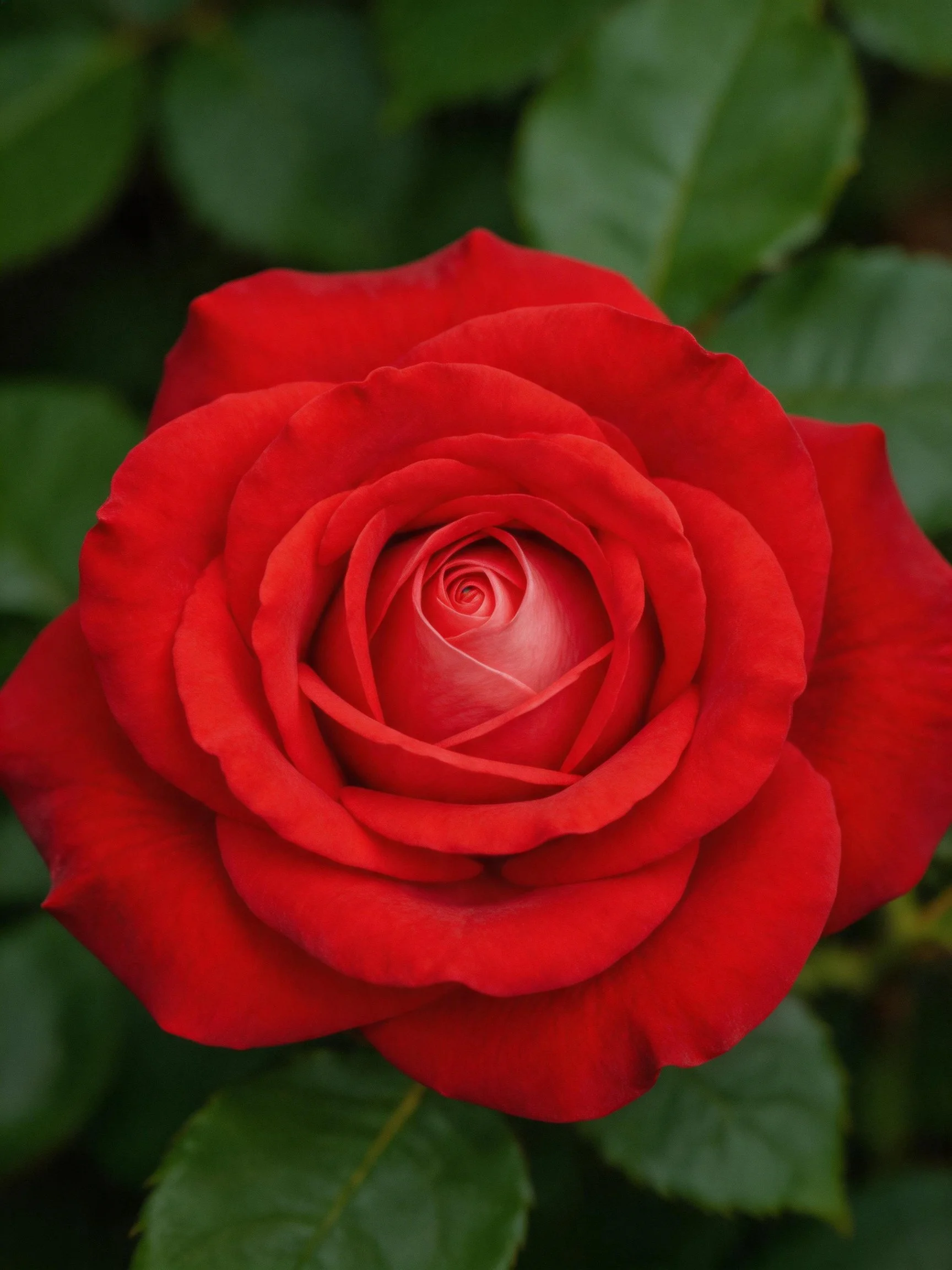 A vibrant red rose with layered petals and lush green leaves