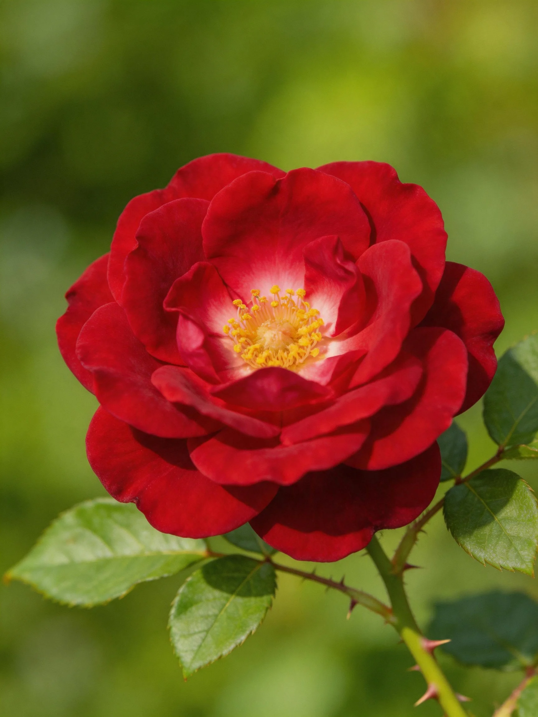 A vibrant red rose with layered petals and thorny stem