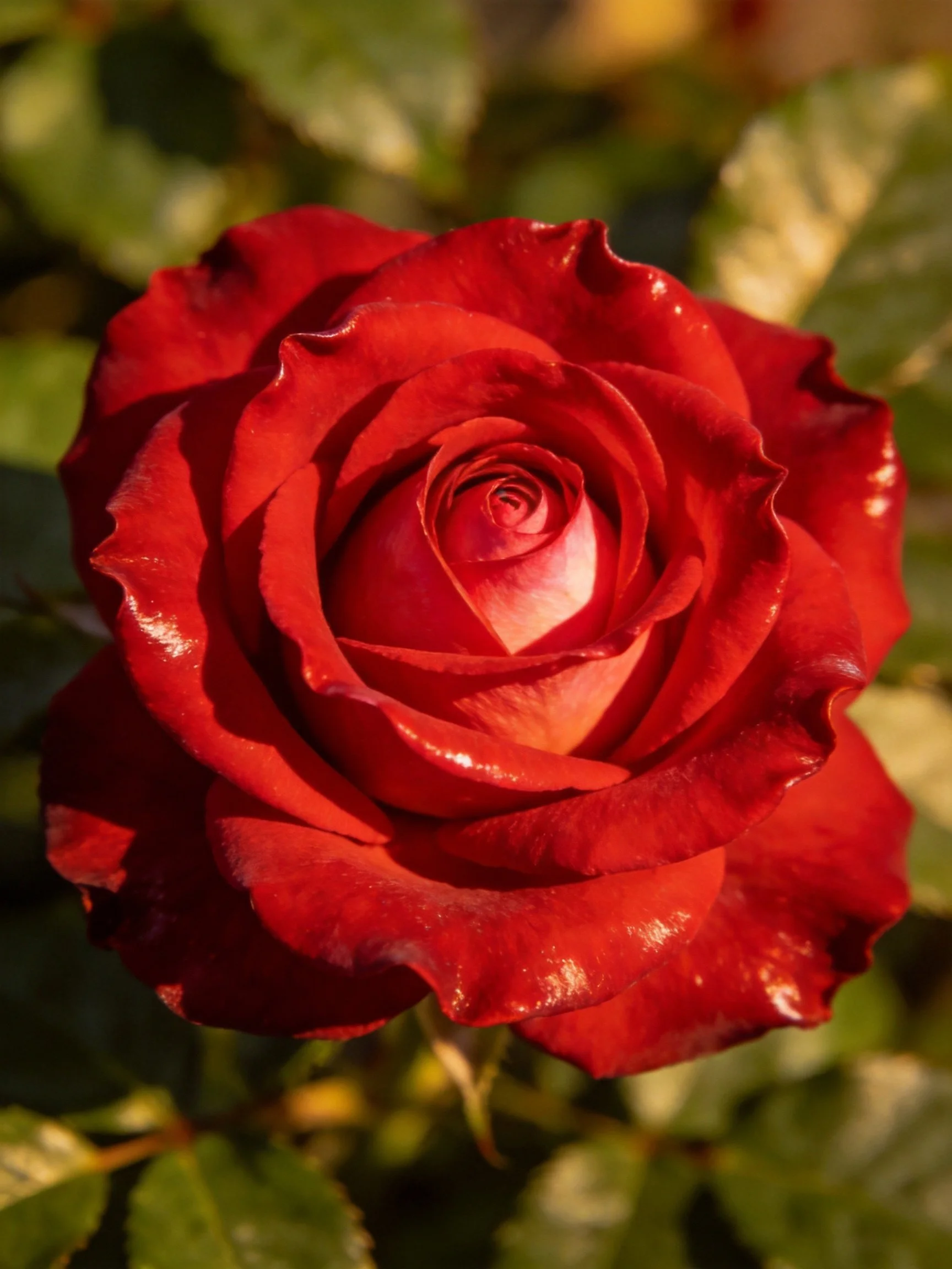 A vibrant red rose with layered petals in full bloom