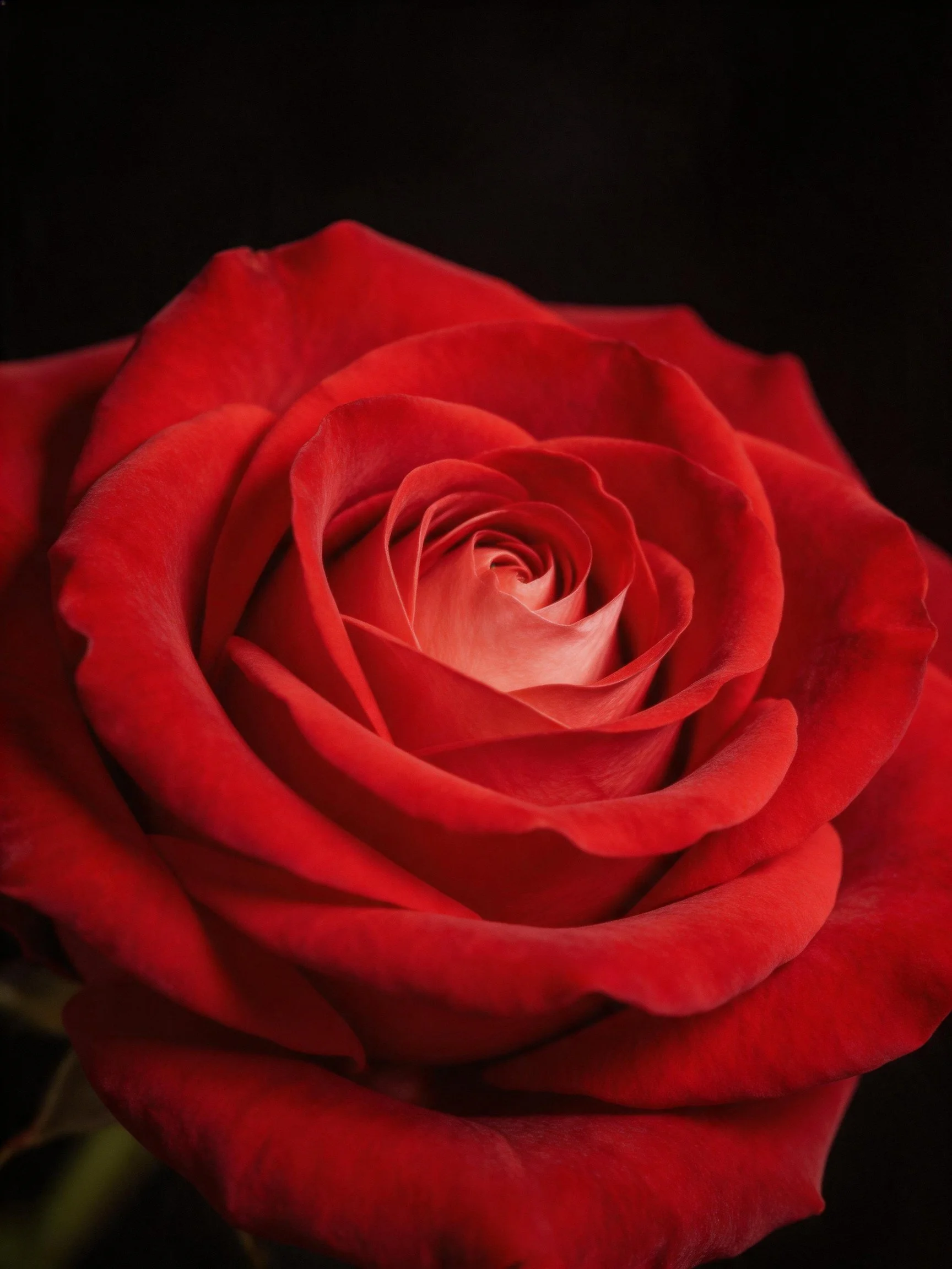 A vibrant red rose with layered petals in tight focus