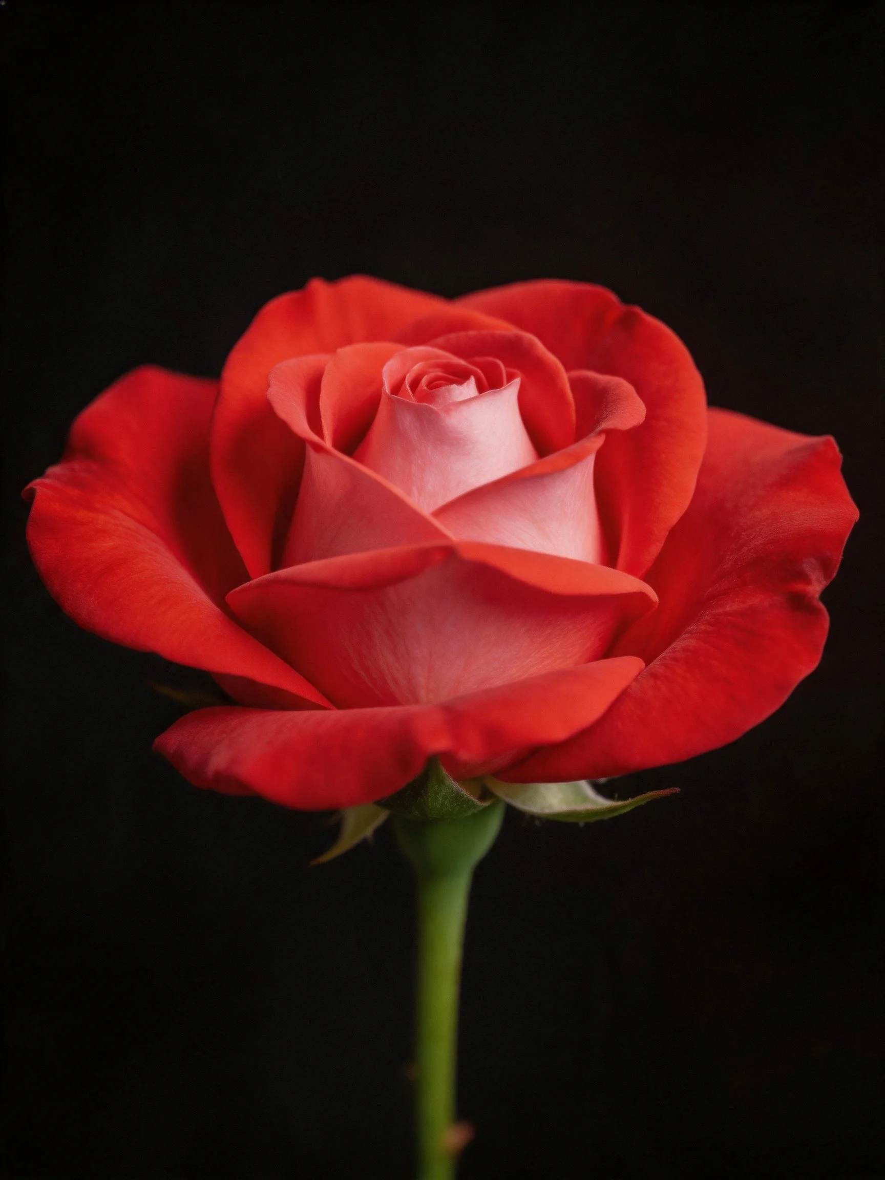 A single vibrant red rose with layered petals contrasts sharply against a black background.
