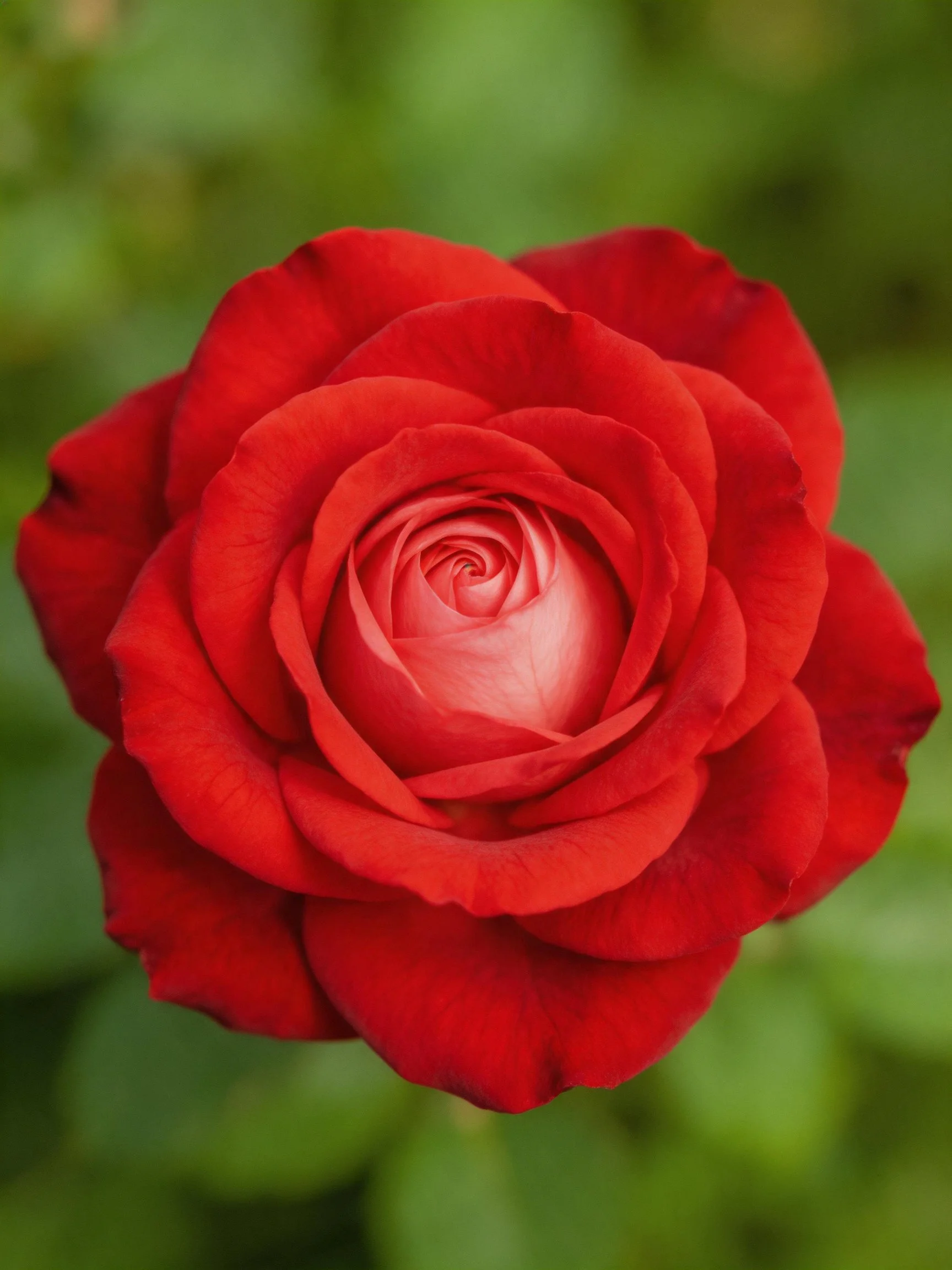 A vibrant red rose with layered petals, set against blurred green foliage