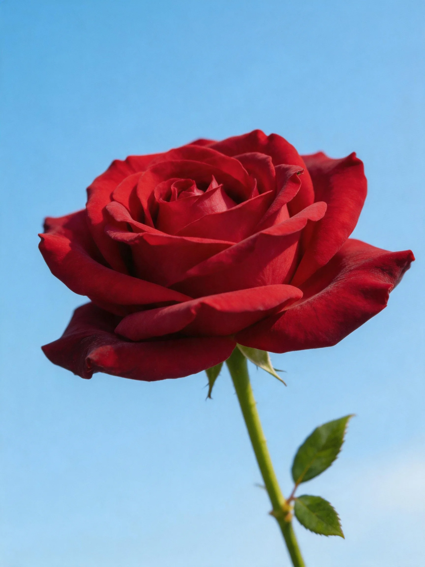 A vibrant red rose with layered petals under bright blue sky