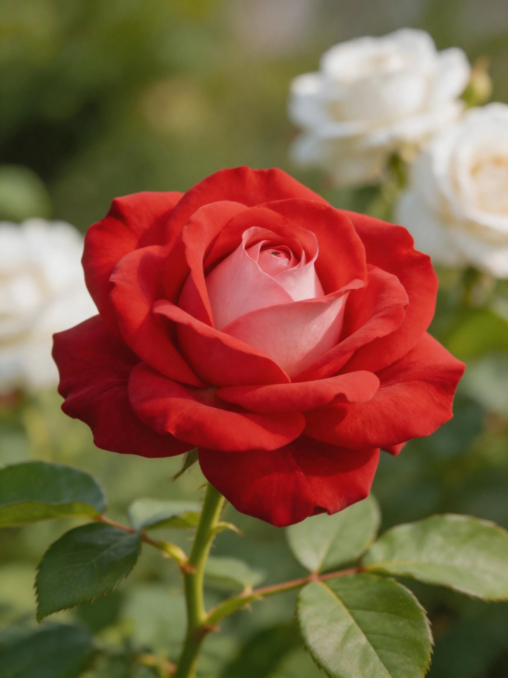 A vibrant red rose with pink center amidst white roses