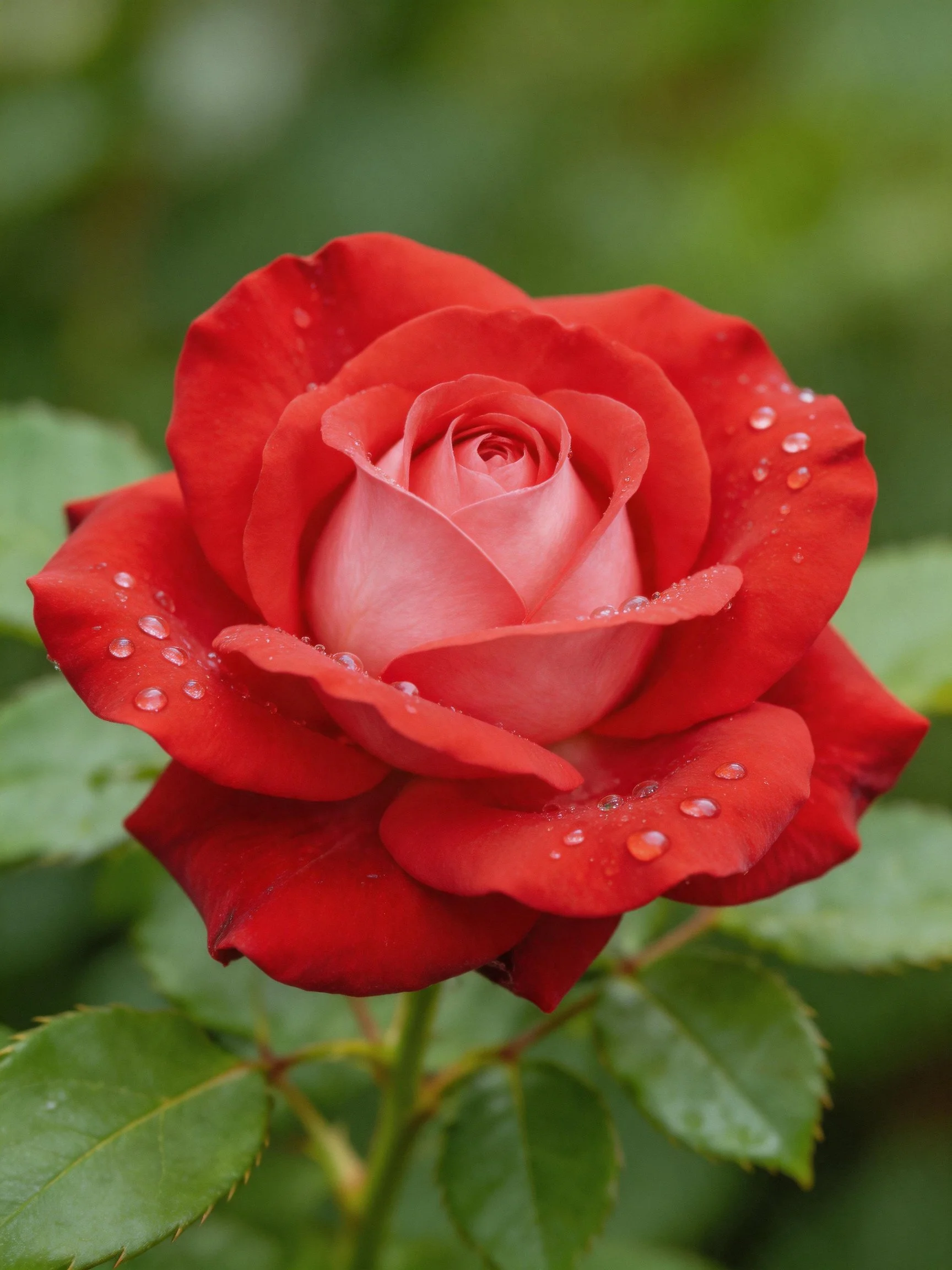 A vibrant red rose with pink center and dew drops