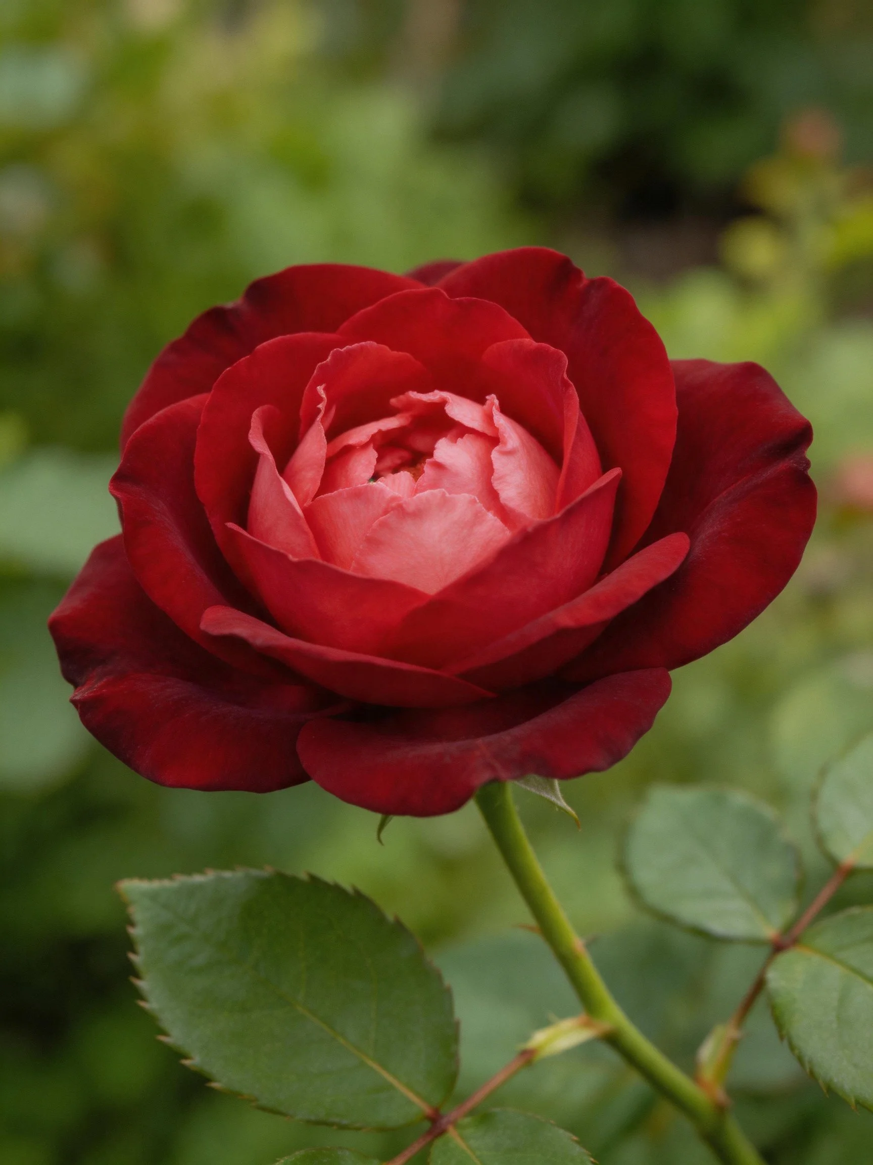 A vibrant red rose with pink center and green foliage