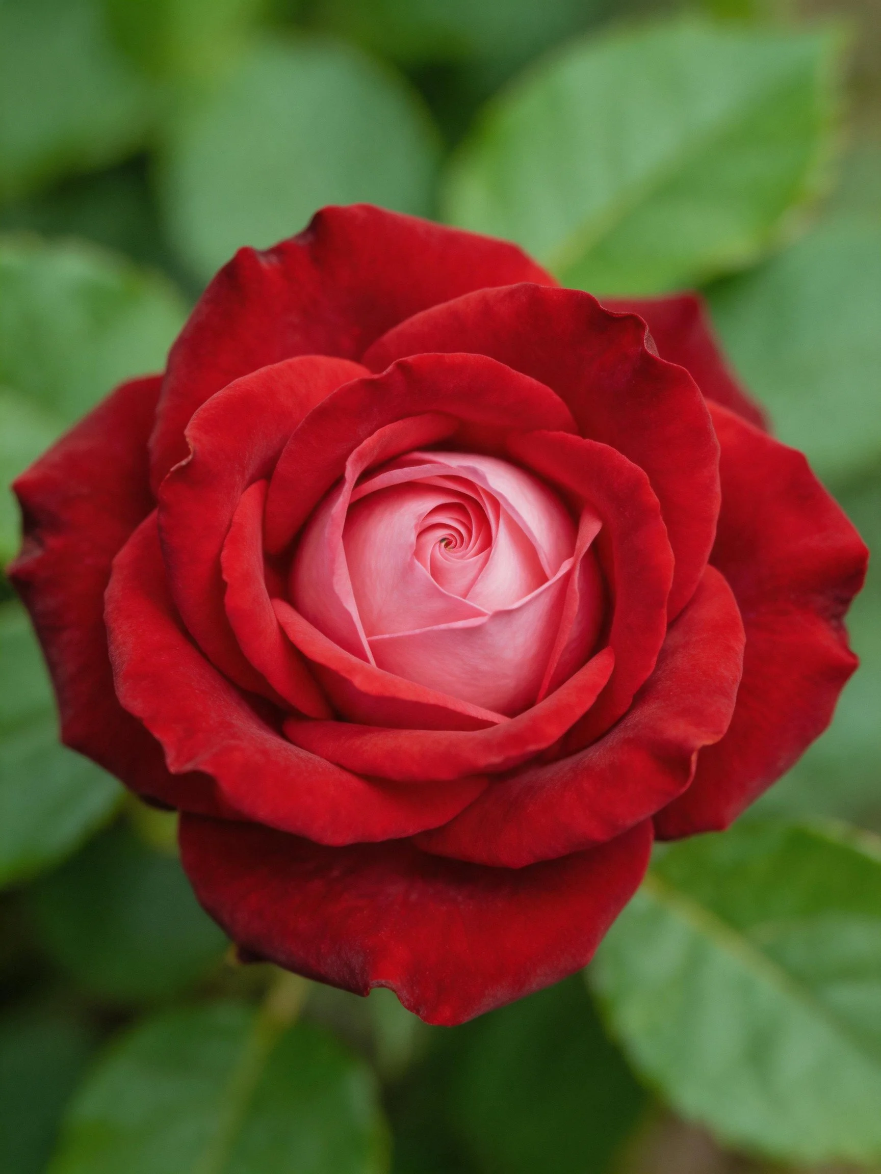 A vibrant red rose with pink center and green foliage