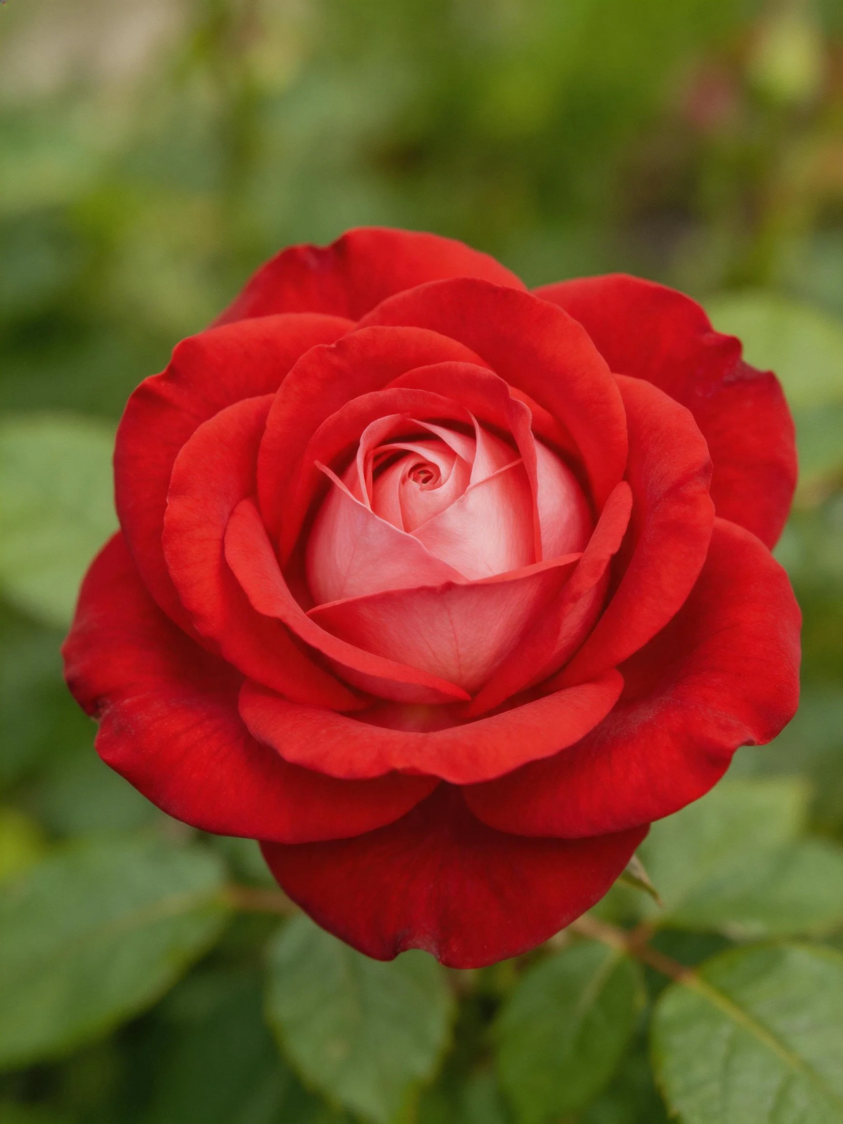 A vibrant red rose with pink center and green leaves