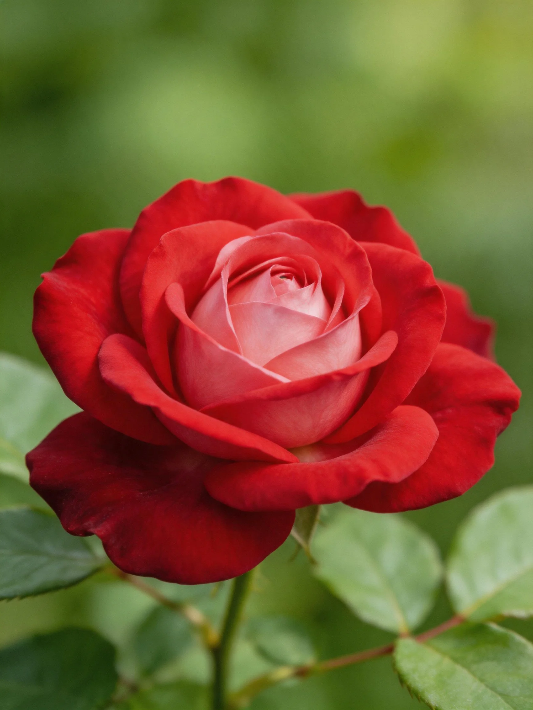 A vibrant red rose with pink center blooms amid green foliage