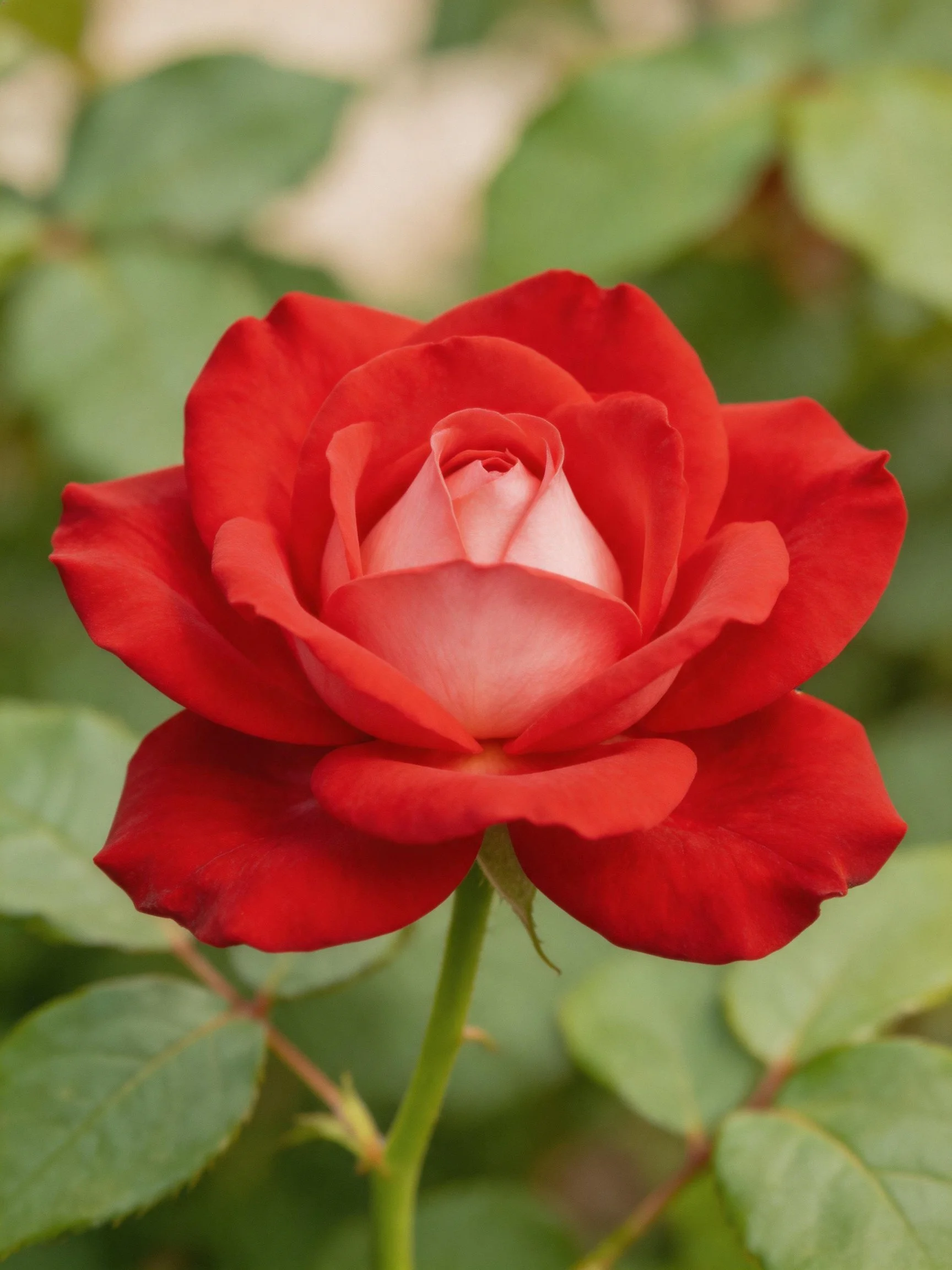 A vibrant red rose with pink center surrounded by green leaves