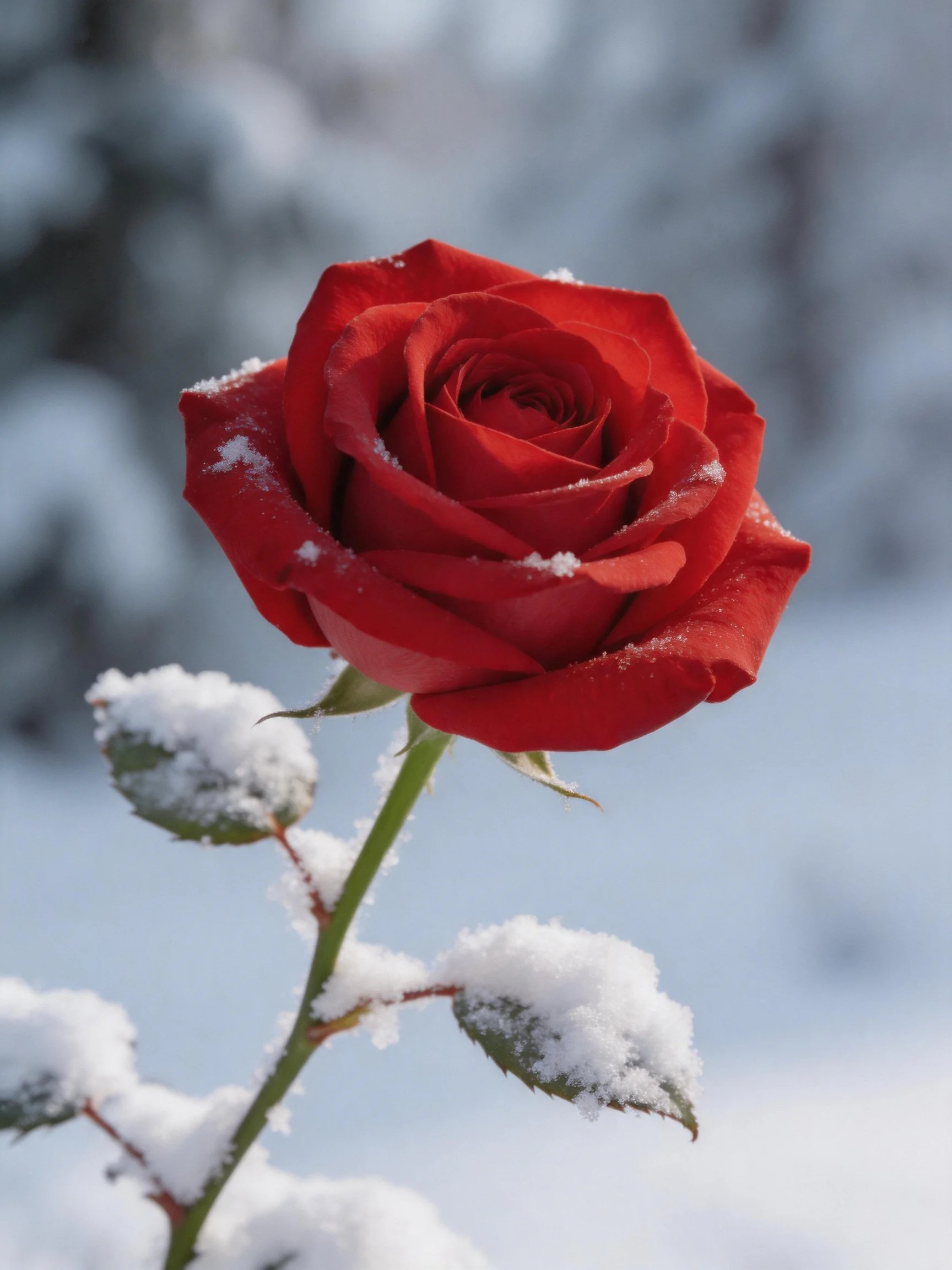 A vibrant red rose with snow-dusted petals and leaves