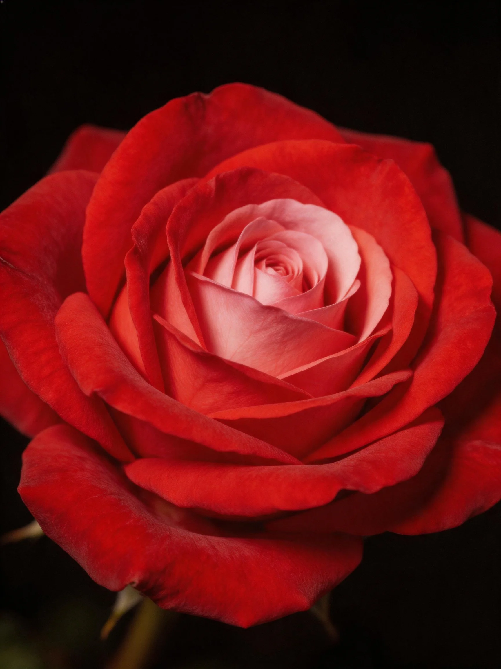 A vibrant red rose with soft pink inner petals, dark backdrop.