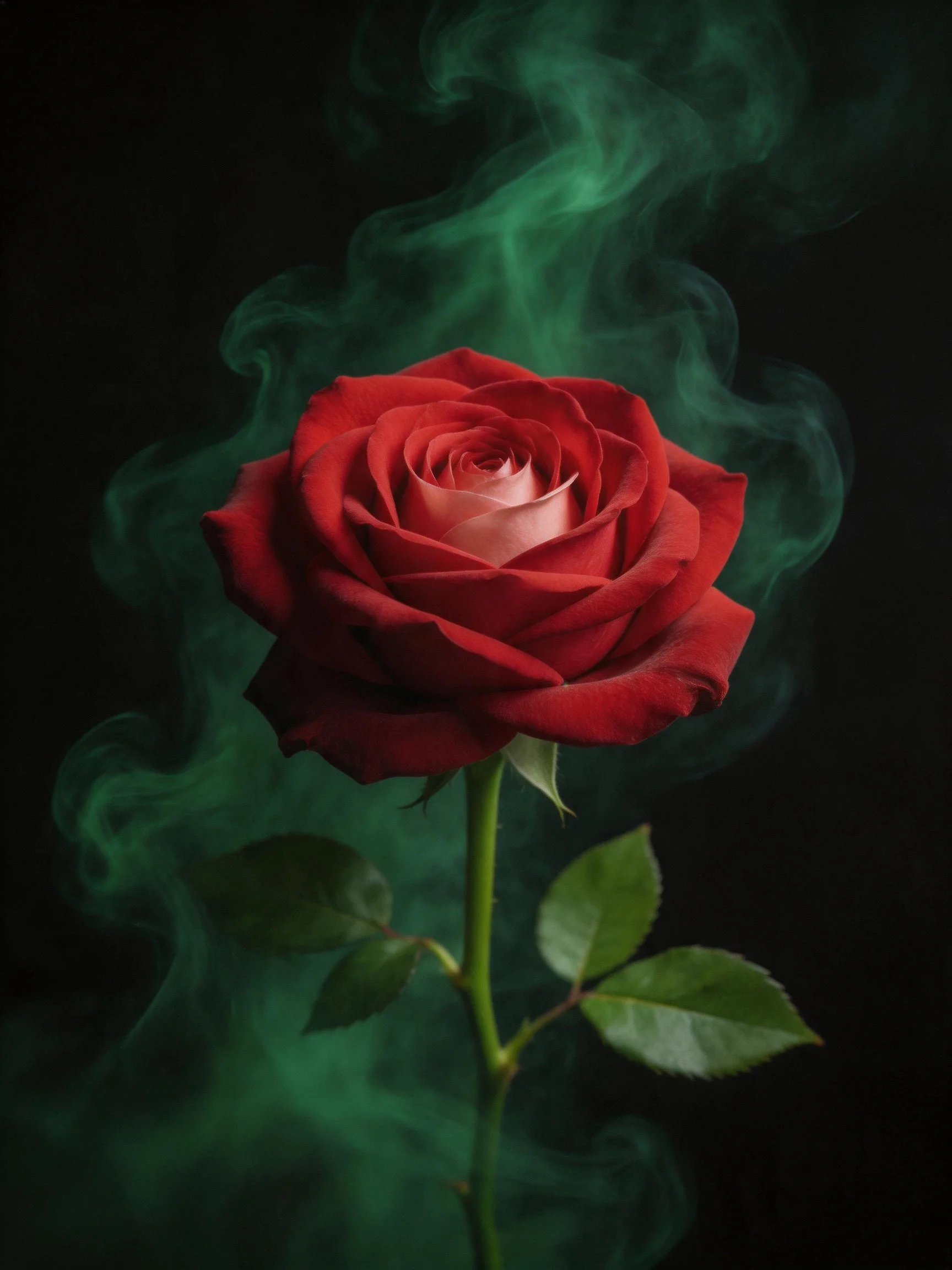 A vibrant red rose with swirling green smoke on dark background