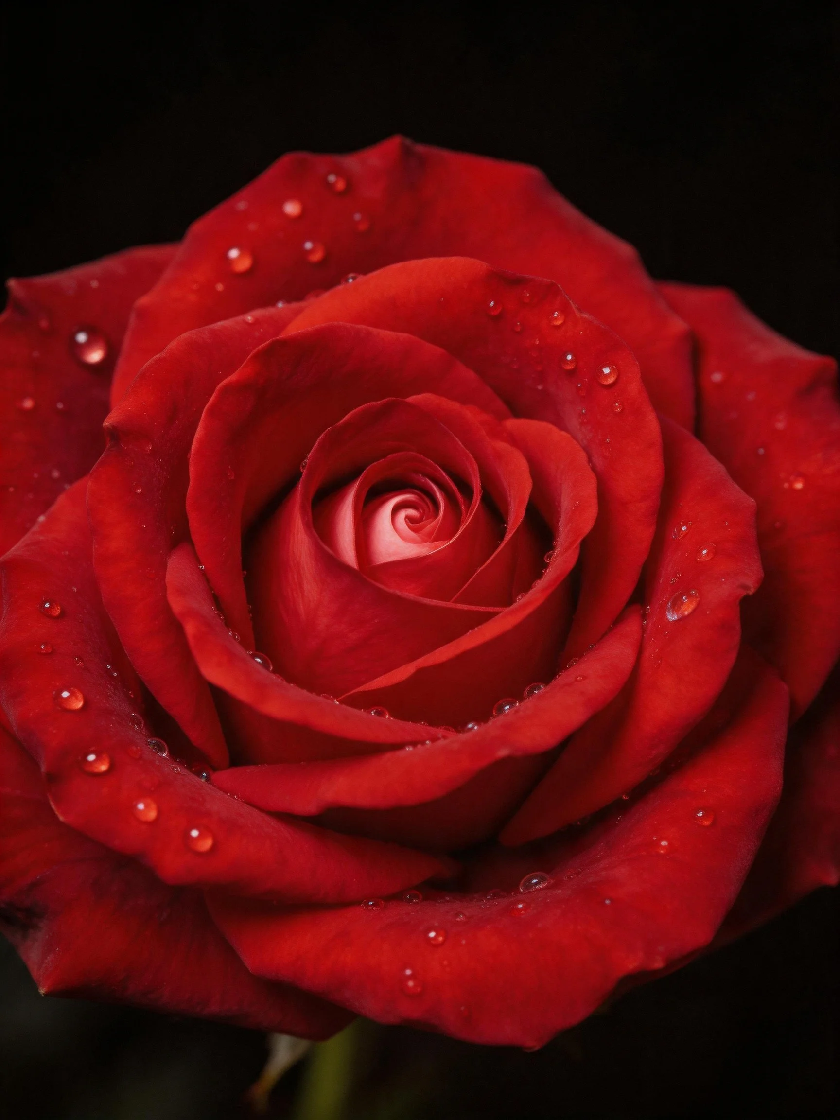 A vibrant red rose with water droplets, close-up view
