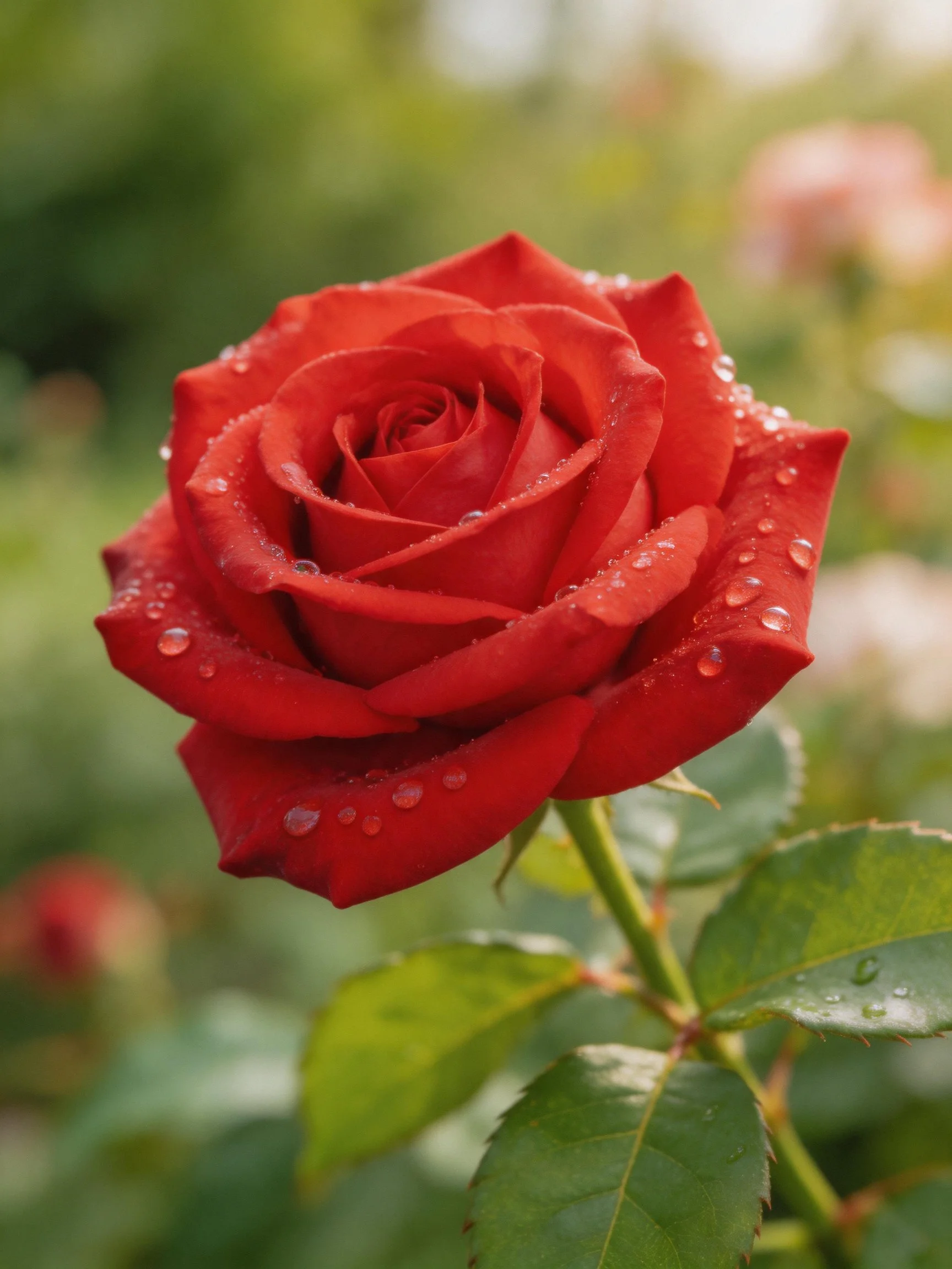 A vibrant red rose with water droplets