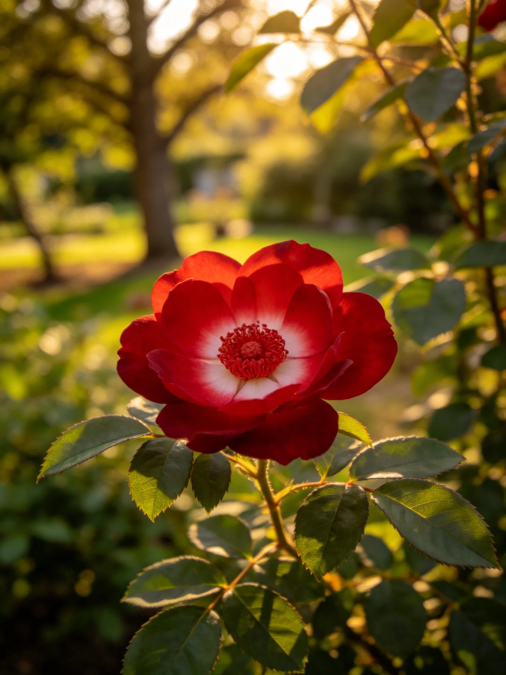 A vibrant red rose with white center is highlighted in a sunlit garden scene.