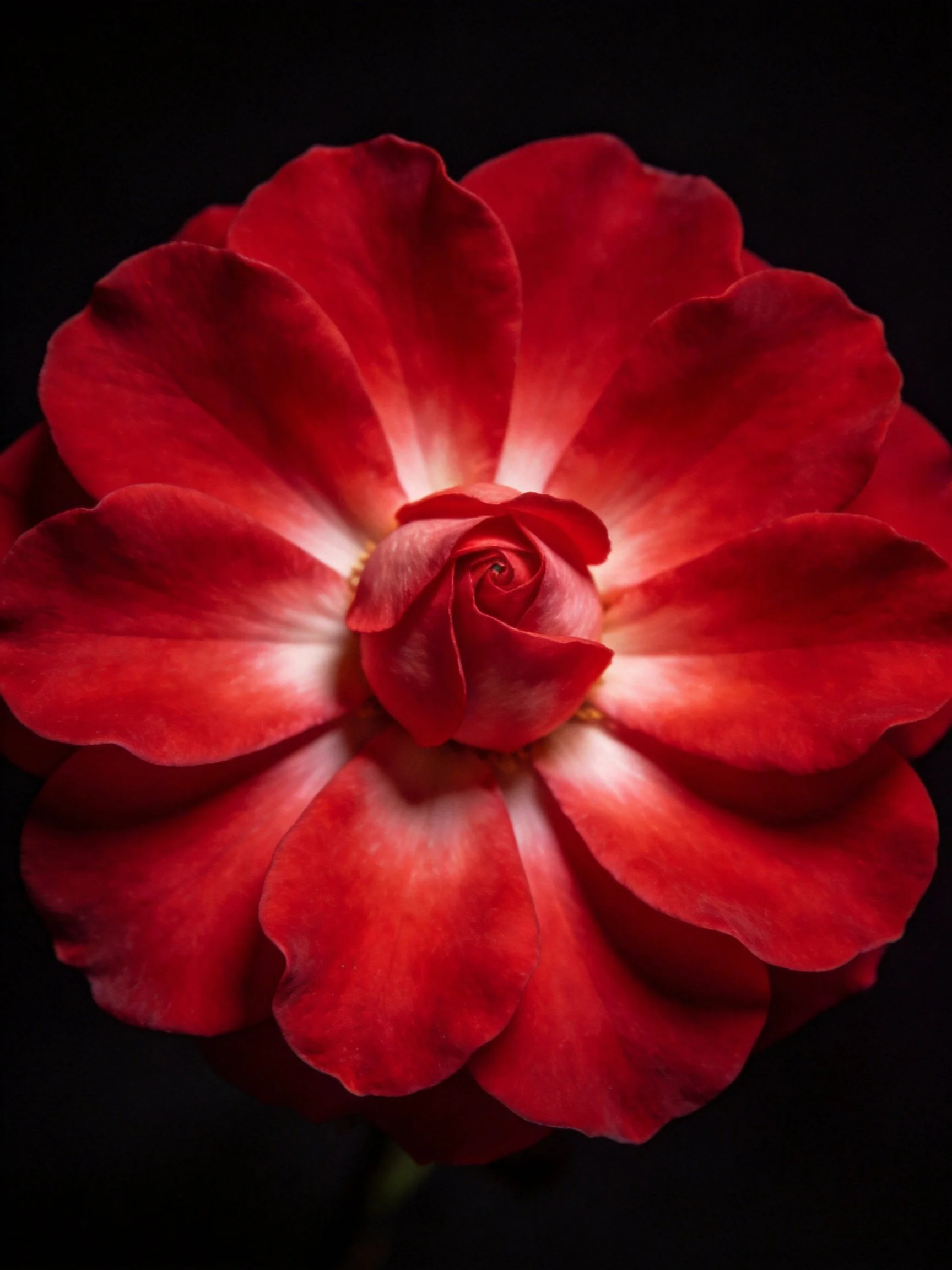 A vibrant red rose with white petal gradients contrasts sharply with the black background.
