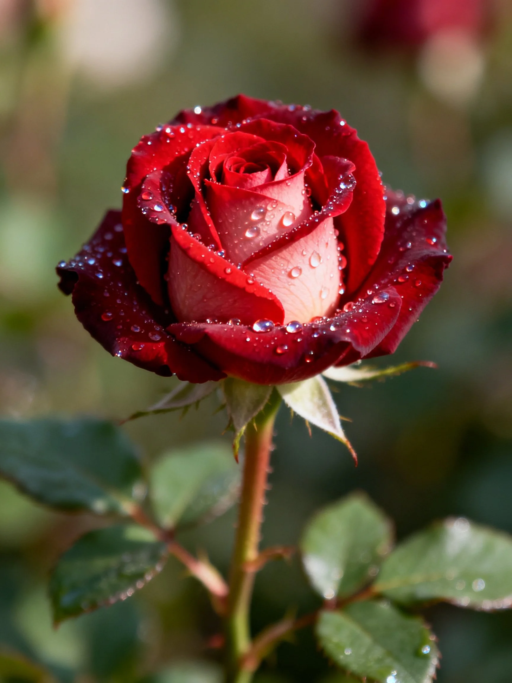 A vibrant red rosebud adorned with glistening water droplets