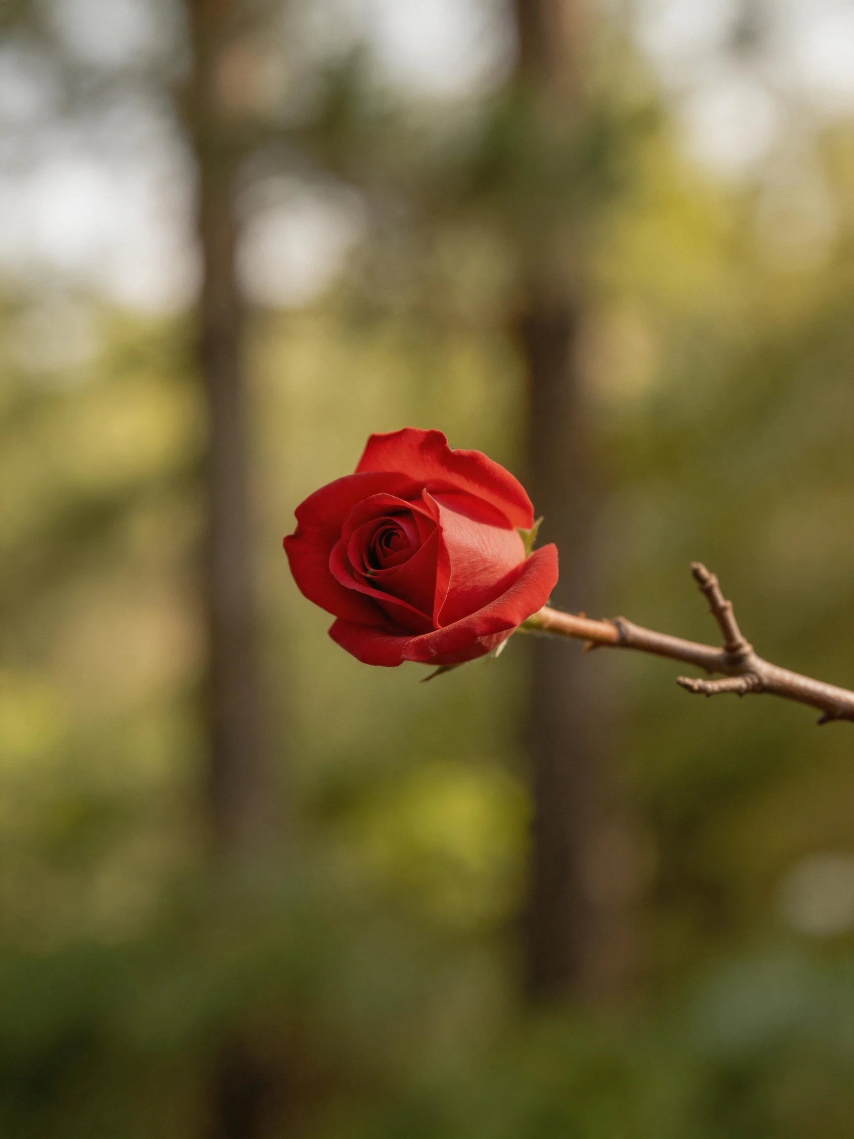 A vibrant red rosebud on a slender branch amid blurred forest