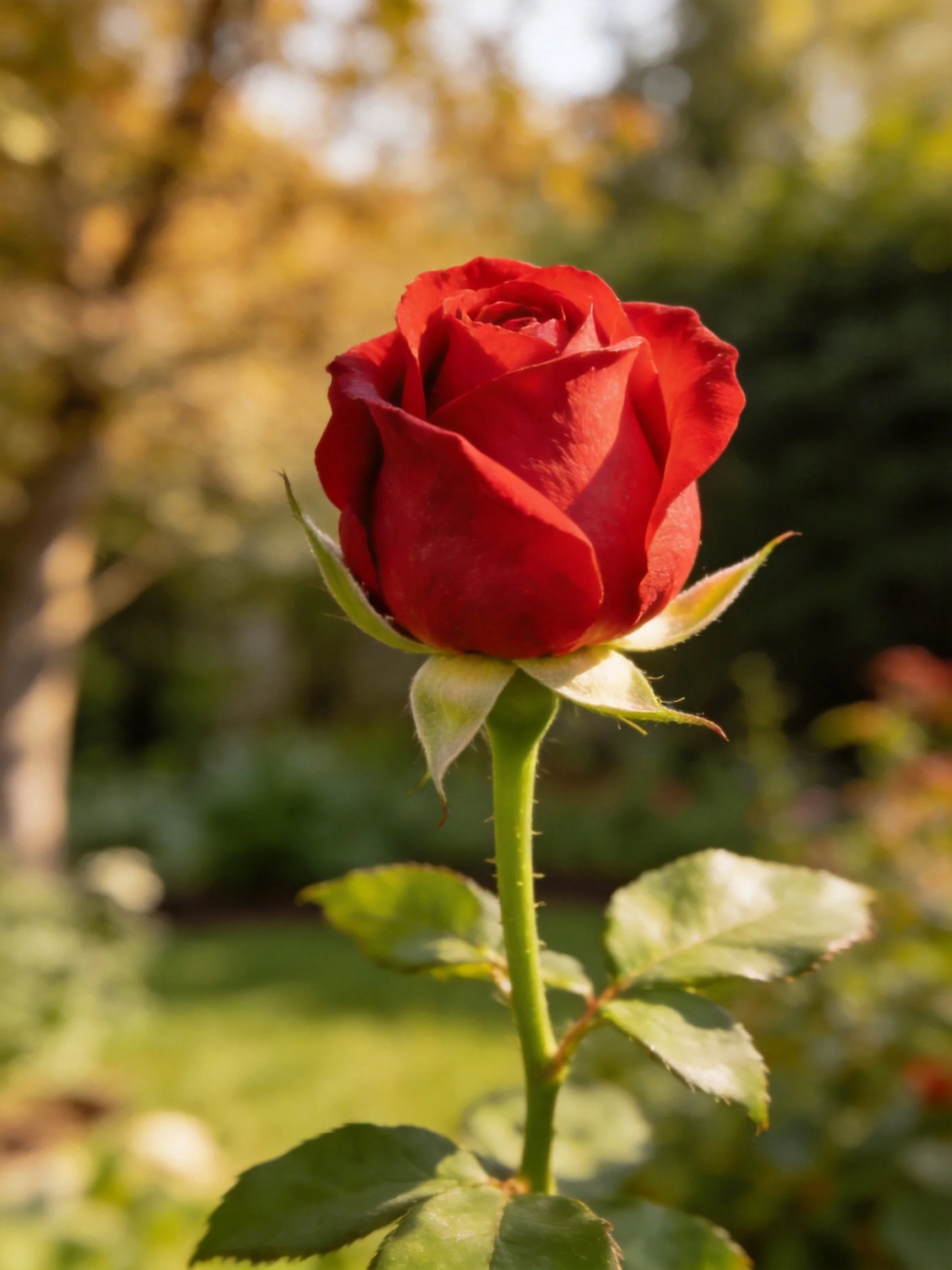 A vibrant red rosebud with green foliage in a sunlit garden