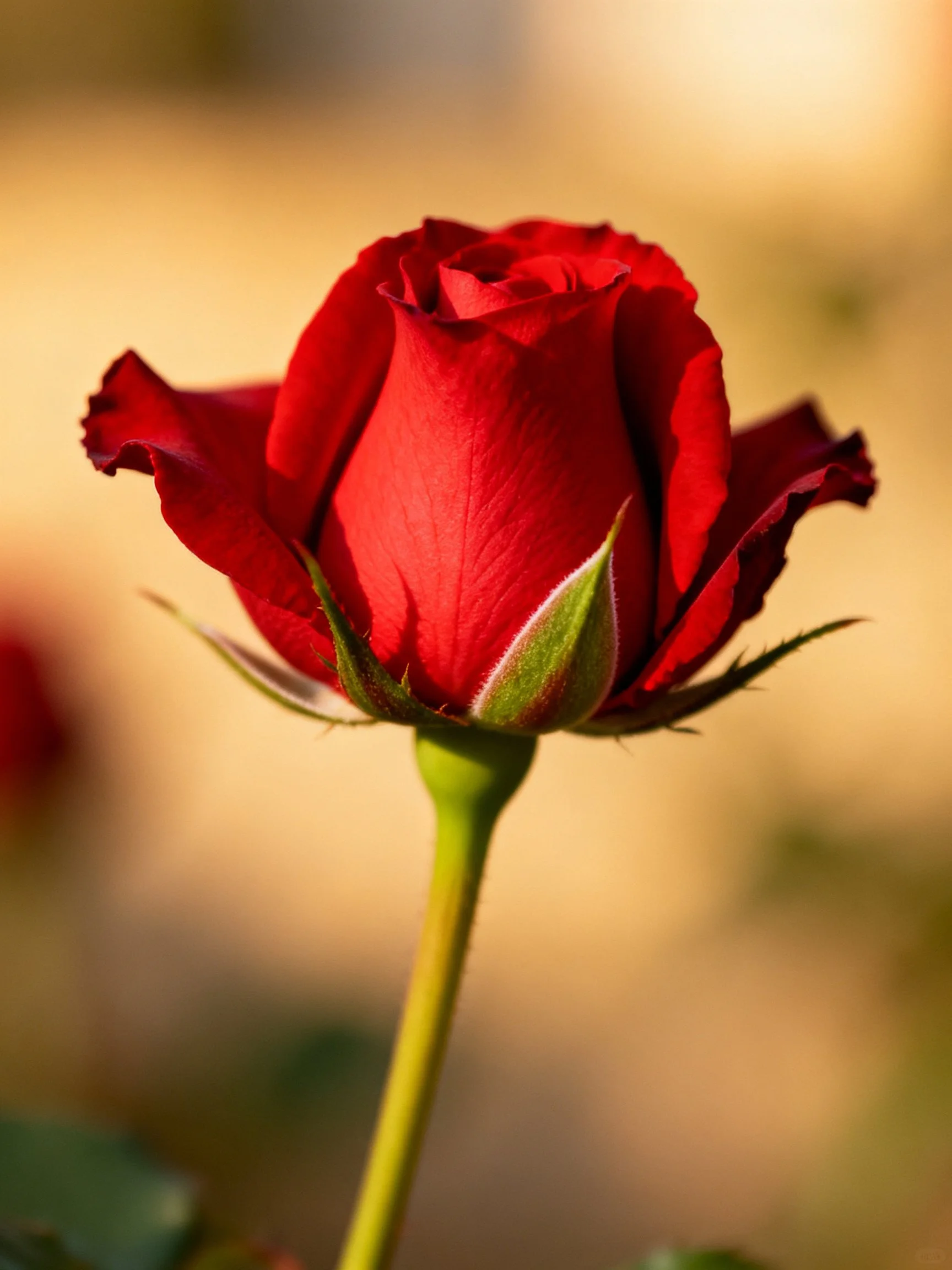 A vibrant red rosebud with green stem and thorny sepals